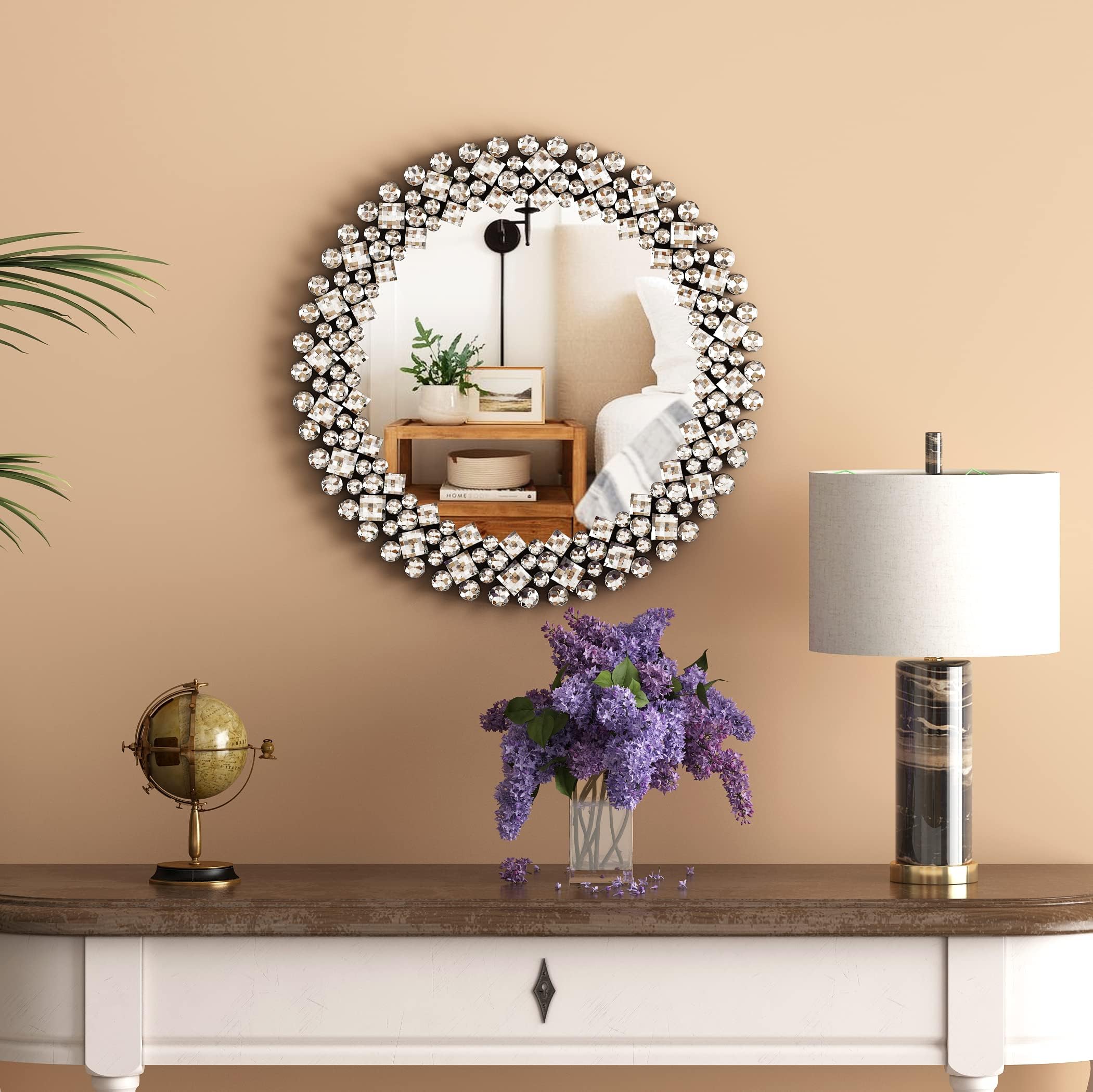 SHYFOY 45cm Runder Spiegel Silber Spiegel Rund Wandspiegel mit luxuriöser Schmuckdekoration für Badezimmer, Waschtisch, Wohnzimmer, Schlafzimmer, Eingang Wanddekoration