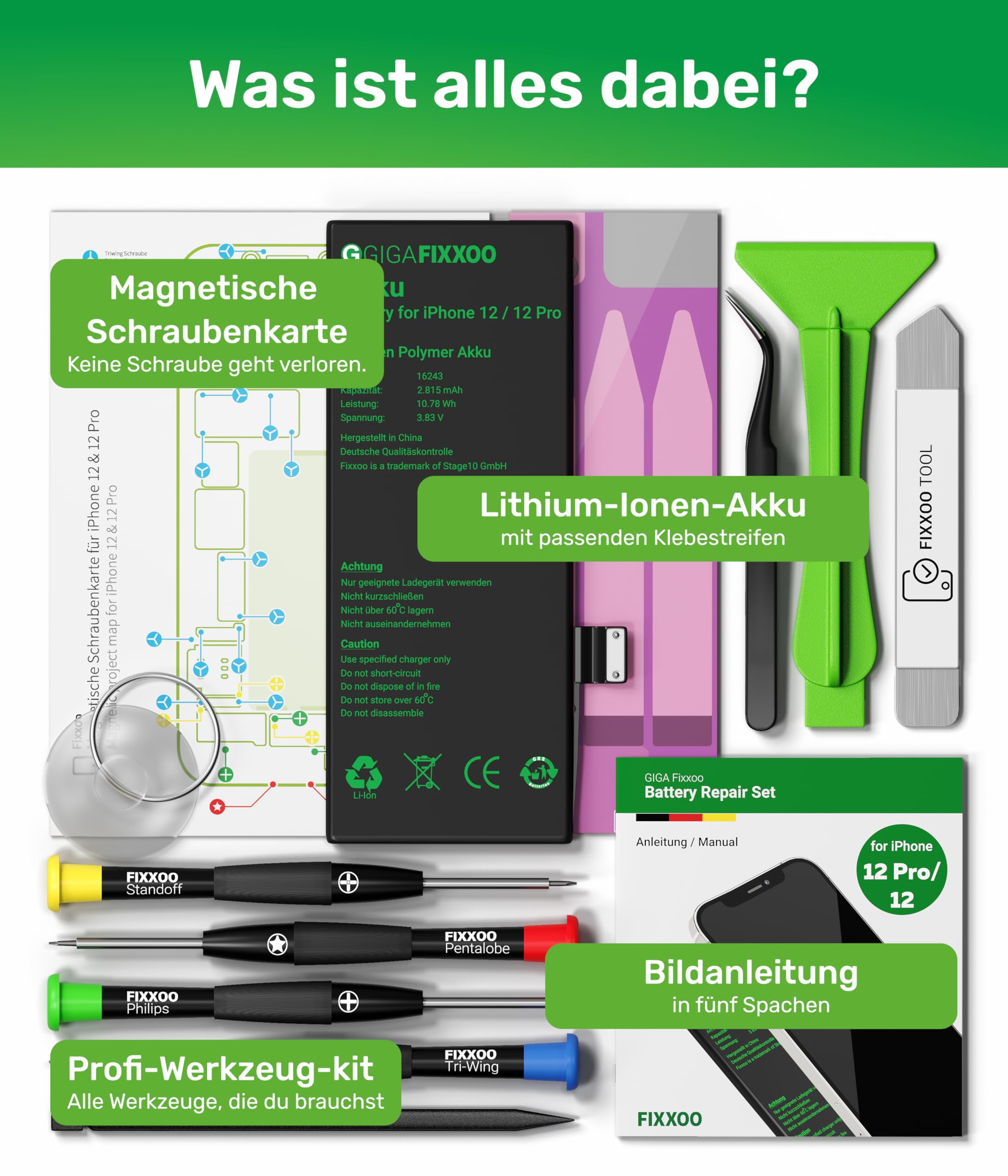 GIGA Fixxoo® Handy Akku Reparatur Set für iPhone XR [inkl. Werkzeug-Kit & Anleitung] - Original Kapazität - Ersatzakku für einen einfachen Austausch - Batterie für iPhone XR