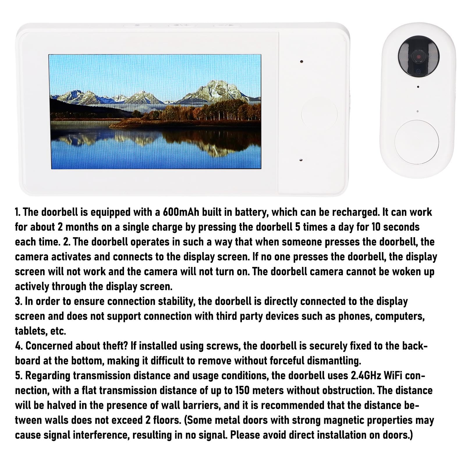 Sxhlseller de Videoportero Inalámbrico, Cámara de Timbre Visual con Lente Gran Angular de 8MP y 170 ° con Pantalla de 4,3 Pulgadas Modo Nocturno Voz Bidireccional, para Seguridad en el