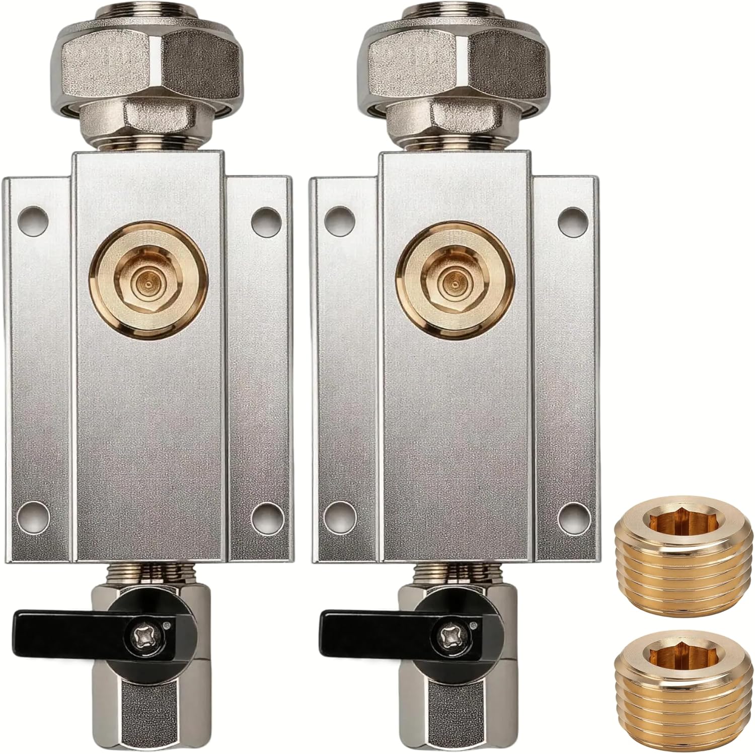 2PCS 3/4" Compressed Air Outlet Kit with 1/2" NPT Manifold, Anodized Aluminum Block + Nickel-Plated Brass Valves, Extra 4 Plugs, Dual O-Ring Seal, Shop Garage Piping System