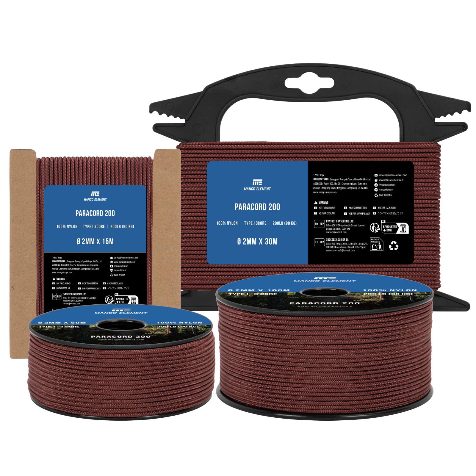 Manco Element Paracord 2mm 15m 3 Strands Type I Chocolate Brown | 100% Nylon Parachute Cord Rope | 90KG Load Capacity - Ideal for DIY, Crafting, Outdoor, Camping