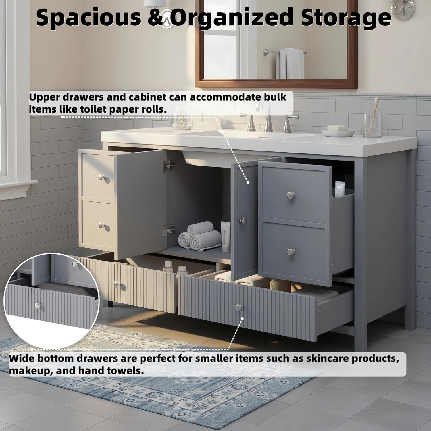 Interior view of the vanity showing upper drawers and cabinet space for bulk items like toilet paper, and wide bottom drawers for smaller items such as skincare products.