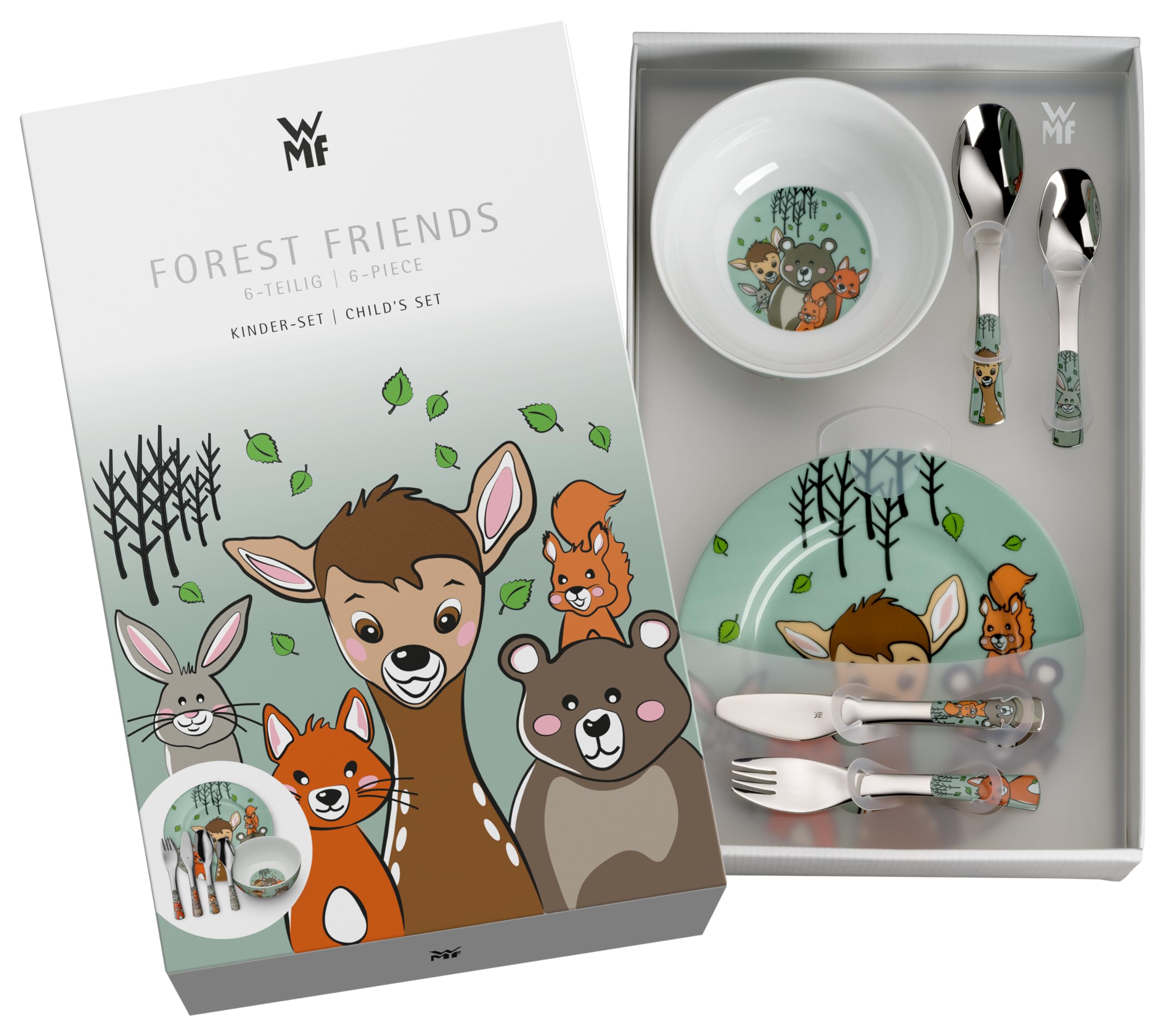 WMF Kindergeschirr Set Waldfreunde 6-teilig mit Gravur – Personalisiertes Kindergeschirr mit Namen – Porzellan Teller & Schale mit Kinderbesteck – Geschenk für Mädchen und Jungen ab 3 Jahre