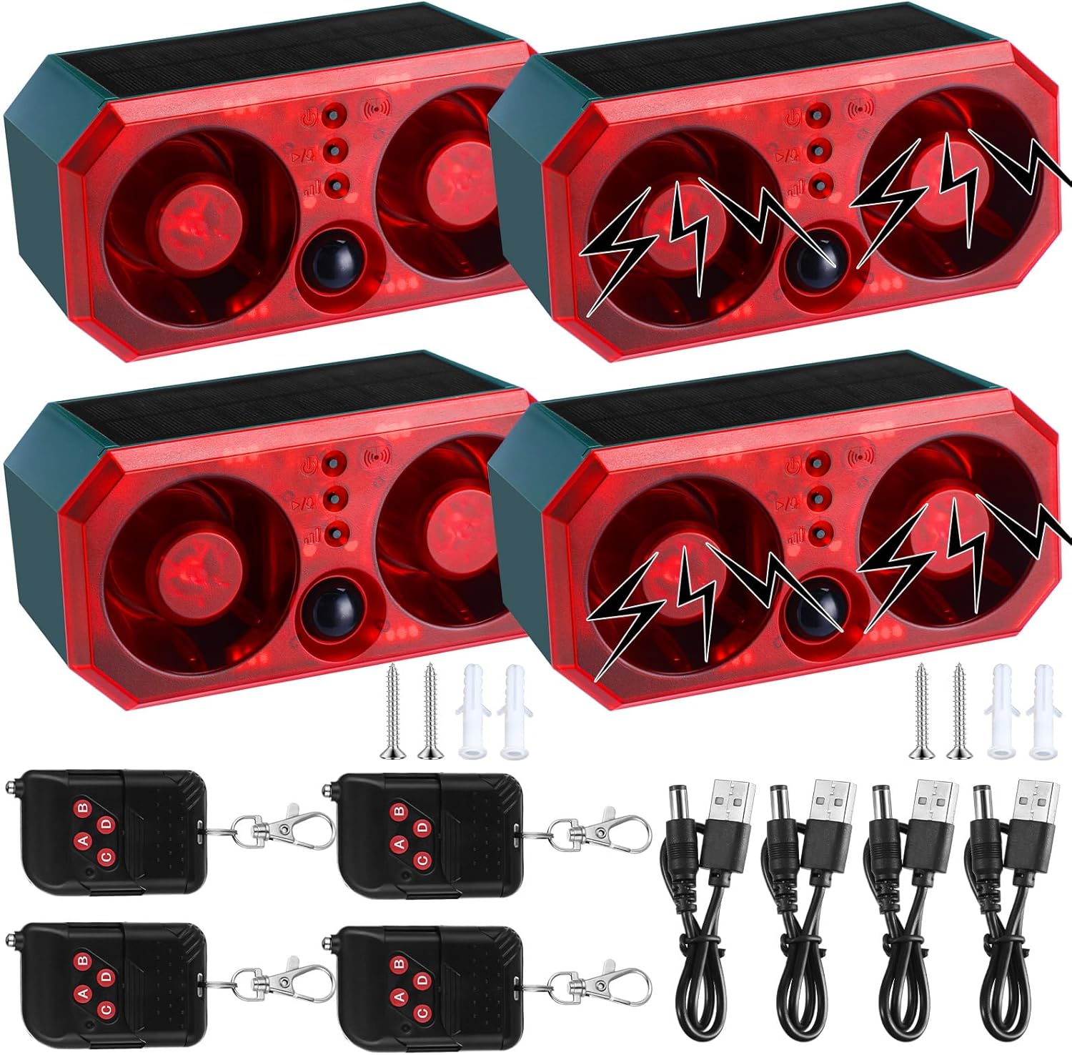 Qualirey 2 Pcs Solar Outdoor Motion Sensor Alarm Motion Sensor Animal Deterrent Dog Barking Alarm 13 Sound 130db Loud Noise Maker 4 Mode with USB Remote Control Support Recording Volume Adjustment