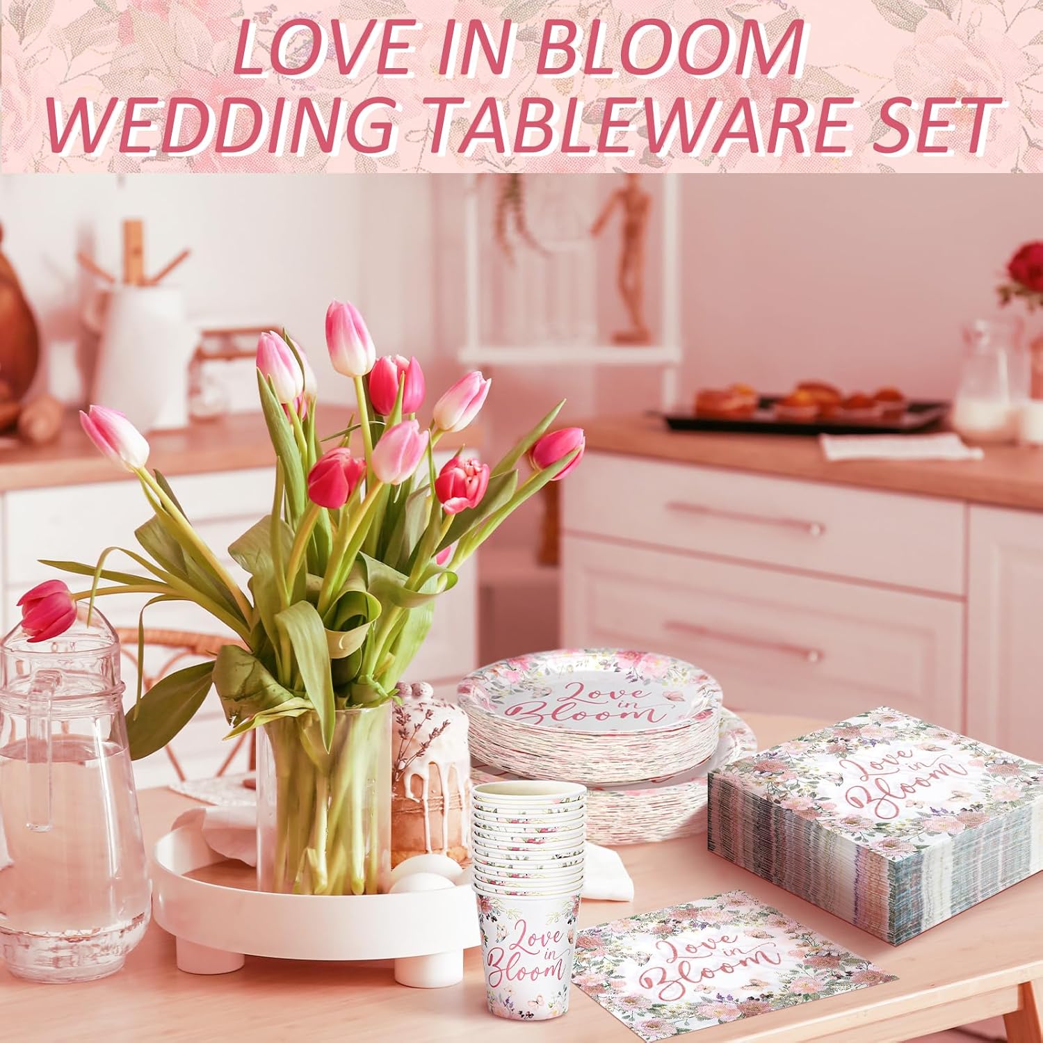 Zhehao 250 Pcs Love in Bloom Bridal Shower Plates Napkins Sets 50 Pcs 9'' Dinner Plates and 7'' Dessert Plate and 9oz Cups 100 Napkins Serves 50 Party Supplies Bridal Shower Engagement Decoration