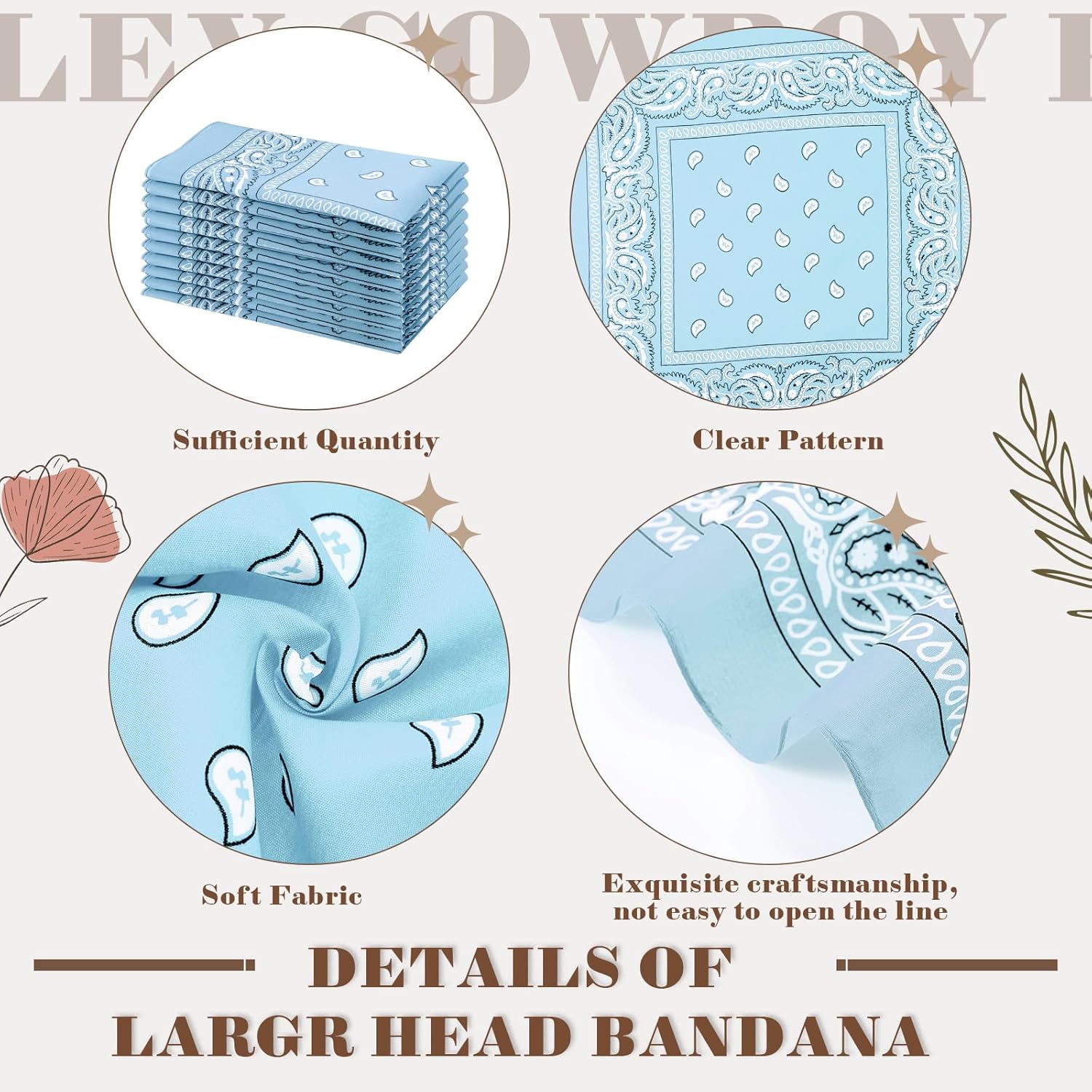 Tranqun 24 Pcs Bandanas Bulk 21.25 x 21.25 in Large Bandana Headband Paisley Cowboy Polyester Bandanas Scarf for Men Women - Image 3