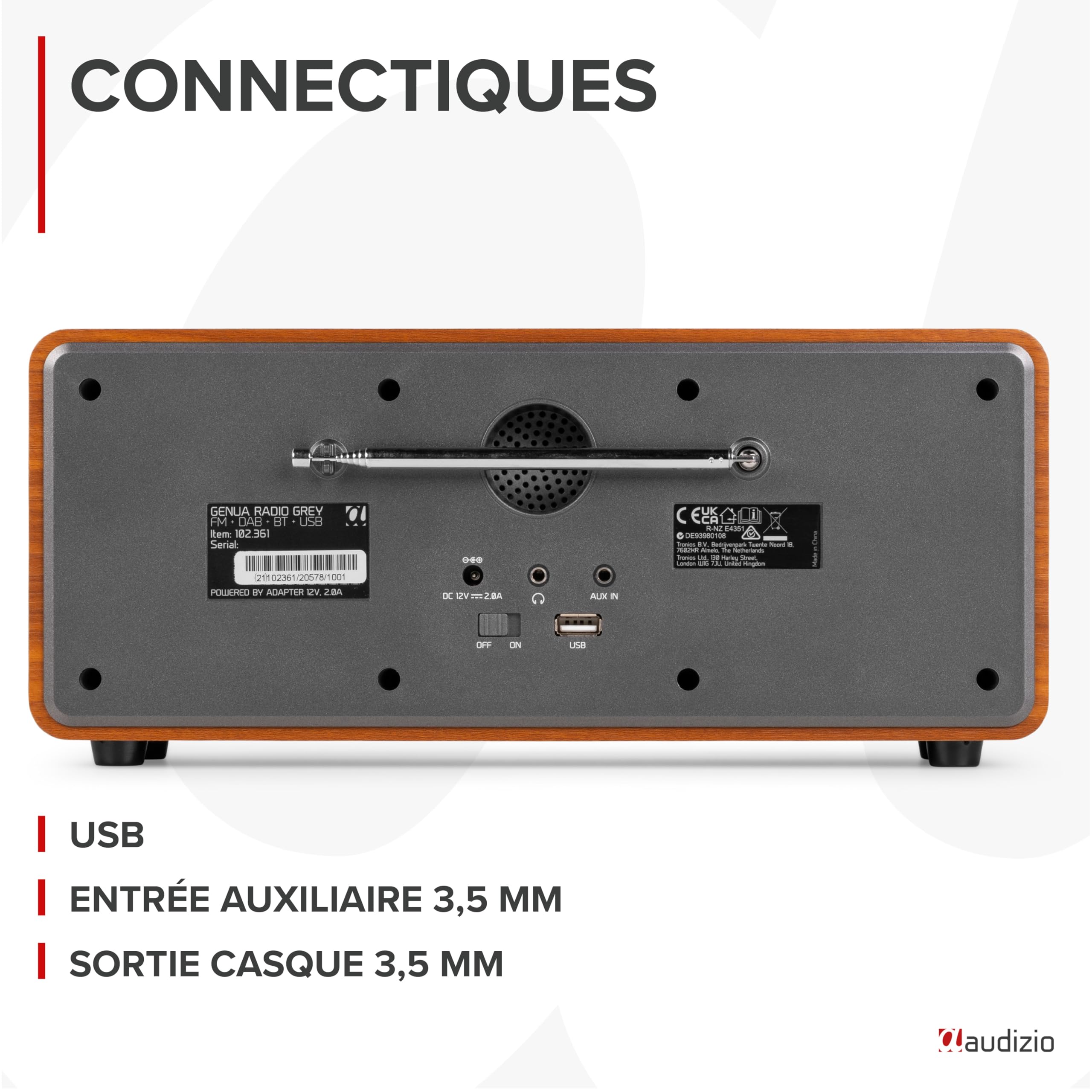 Audizio Genua Radio DAB+ Bluetooth 5.0 Gris Foncé Écran Couleur 2,8" Deux Haut-Parleurs Sortie Casque Port USB Télécommande