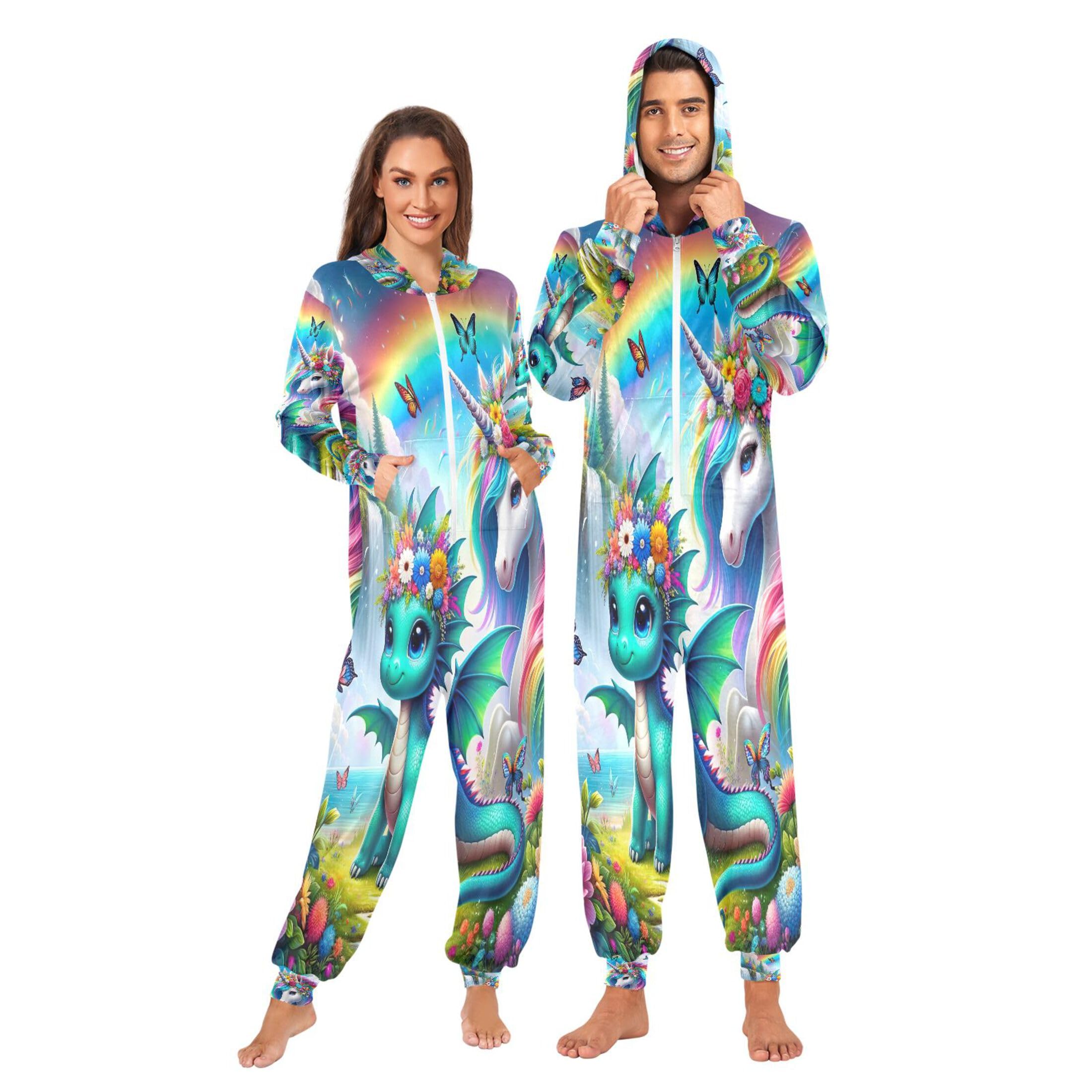 Cute Dragon Unicorn Rainbow Women Onesie Adult Animal Full Body Men Pjs Couples Pajamas