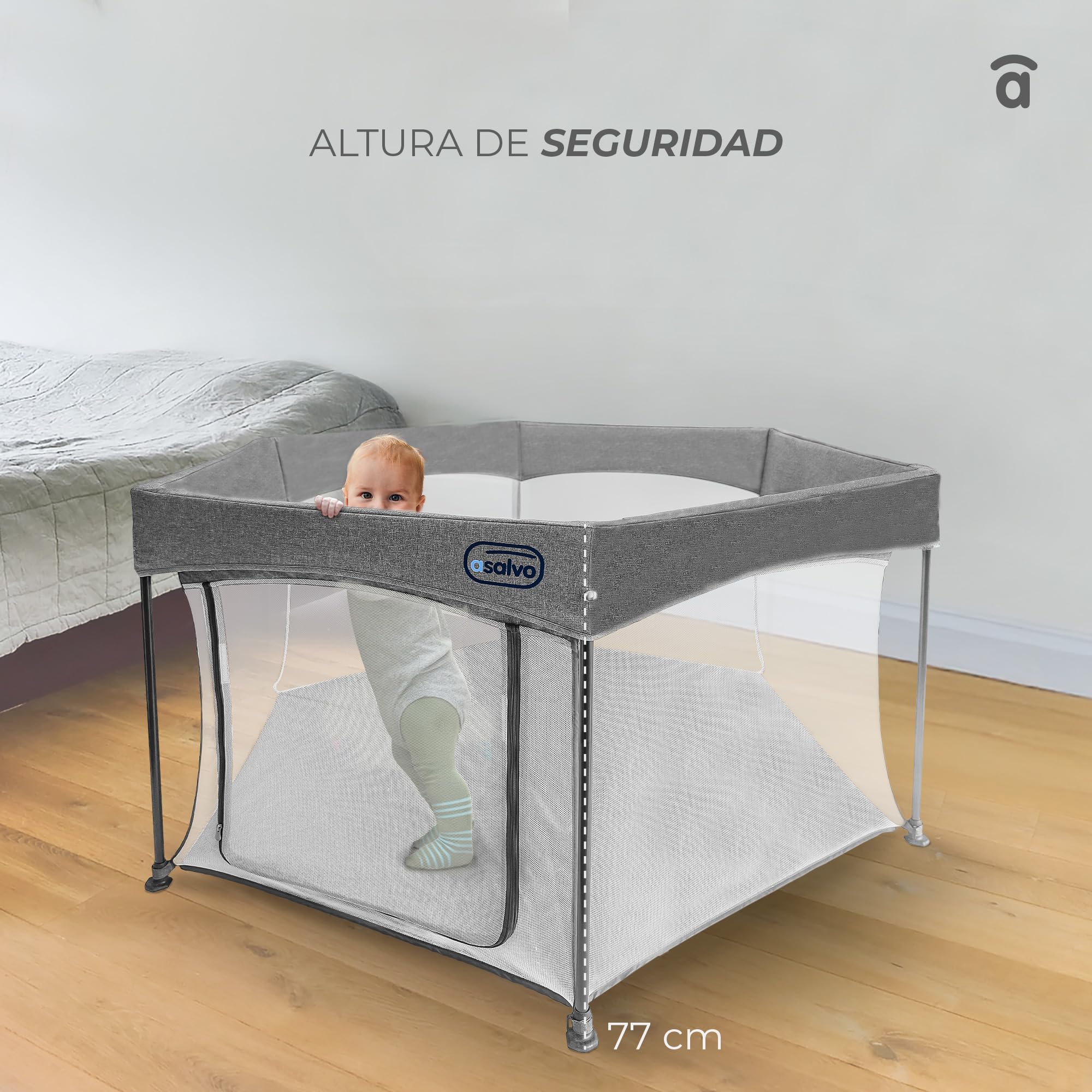 Asalvo LUXEMBURGO Parque Infantil Bebé Cuadrado y Plegable 150x150 cm, Corralito Bebe con Malla Transpirable, Parque de Juegos Bebe, Bolsa de Transporte, Fácil de Montar y Desmontar, Luxemburgo Gris