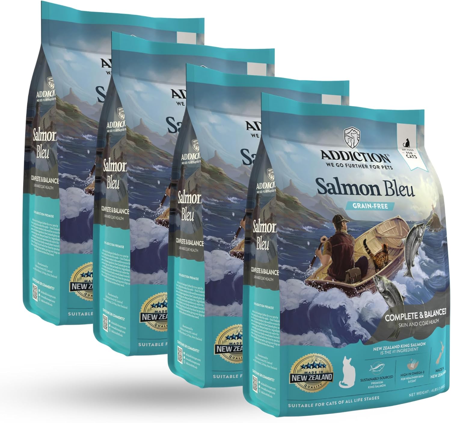 Addiction Salmon Bleu Grain-Free Dry Cat Food – Rich in Omega-3 for Healthy Skin & Coat – Complete & Balanced Salmon Recipe for All Life Stages – Made in New Zealand 4lbs (4 Packs)
