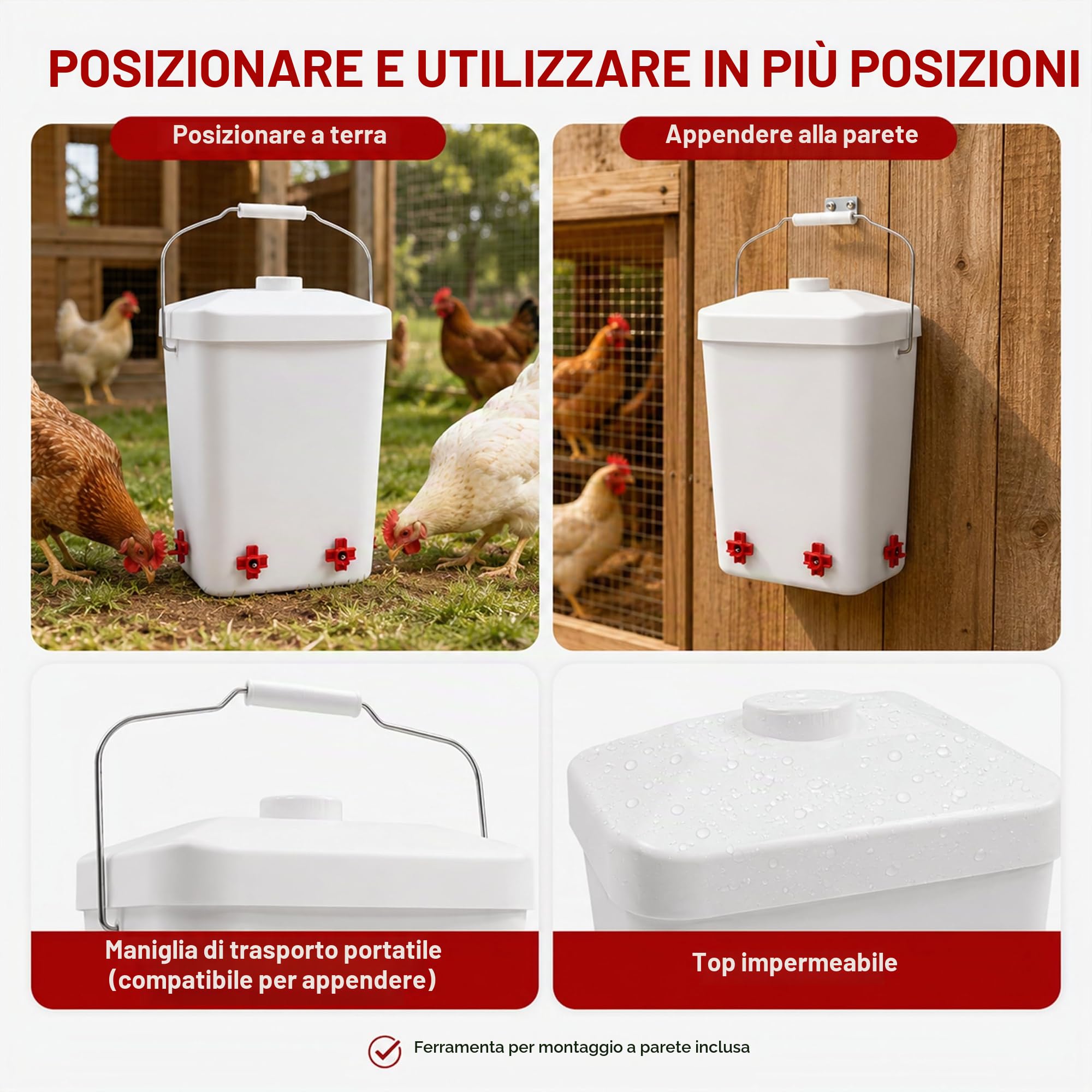 Abbeveratoio automatico per pollame 12L (3 galloni), serbatoio anti-perdita con 4 ugelli bere rossi, appoggiabile a terra o a muro per galline, pulcini e avicoli domestici in giardino e allevamento