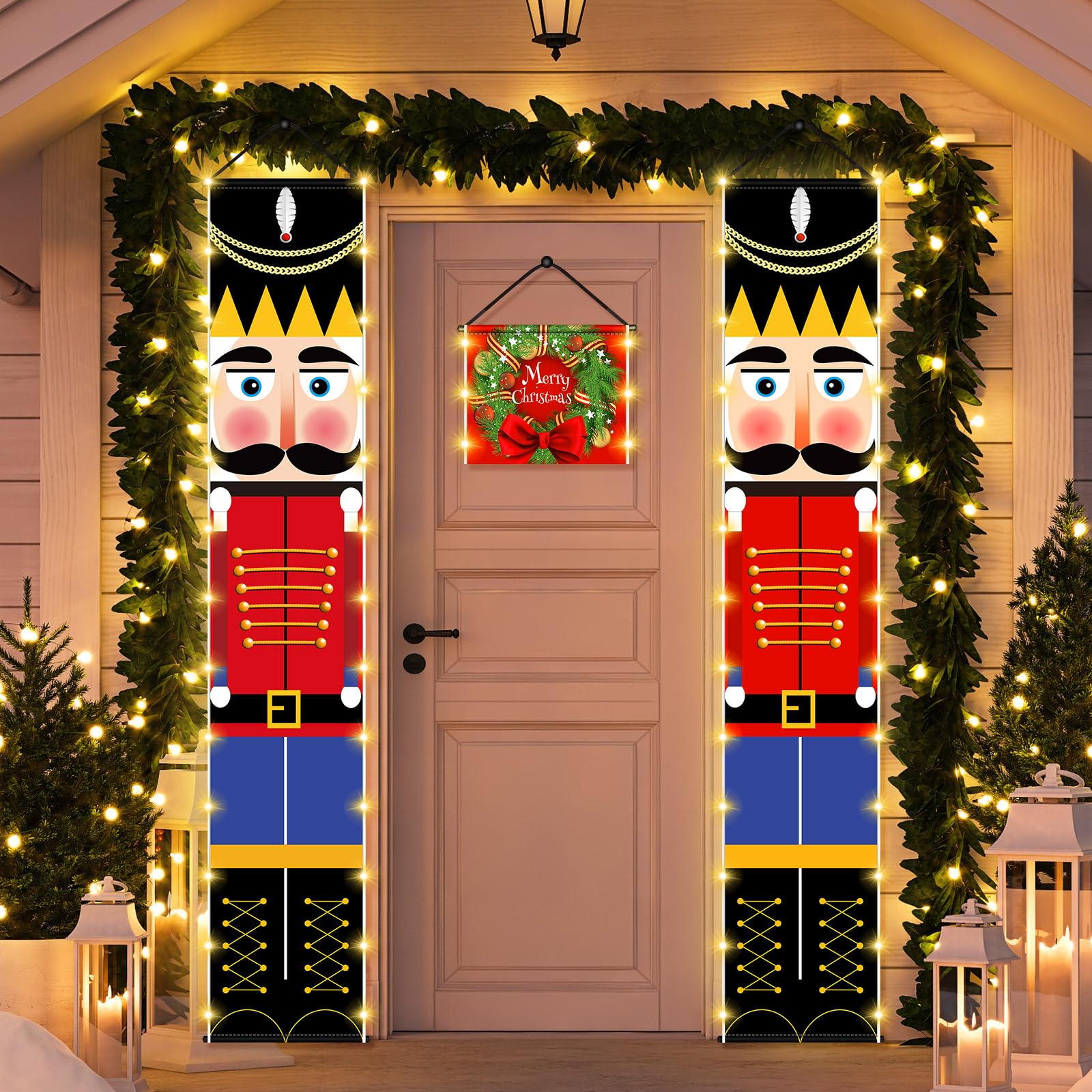 2 Pieces Nutcracker Christmas Decorations Soldier Model Nutcracker Banners Outdoor Xmas Decor Nutcracker Hanging Sign Decor with Small Christmas Wreath Banner for Door Porch Garden Yard (Novelty)