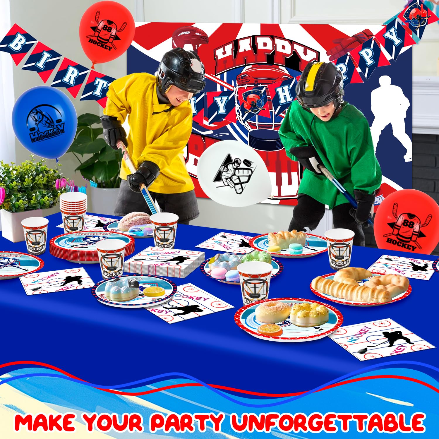 Decorazioni per Feste di Hockey su Ghiaccio,108 Pezzi Forniture per Feste di Compleanno di Hockey Striscioni Piatti Tazze Tovaglioli etc Accessori per Feste di Hockey