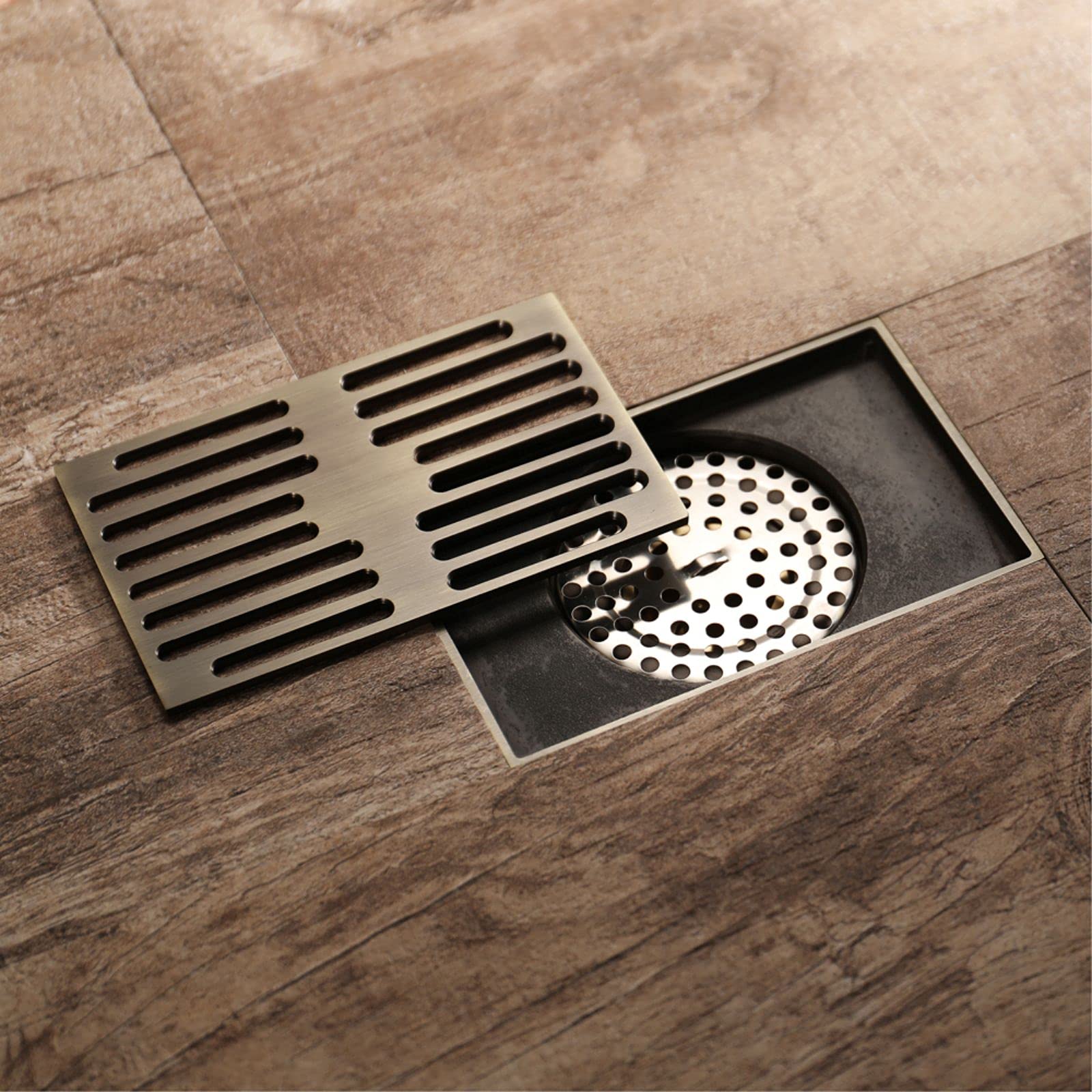 Siphon de Douche rectangulaire en Laiton à Grand débit, 140 x 90 mm, avec Couvercle Amovible, en Acier Inoxydable et Bronze