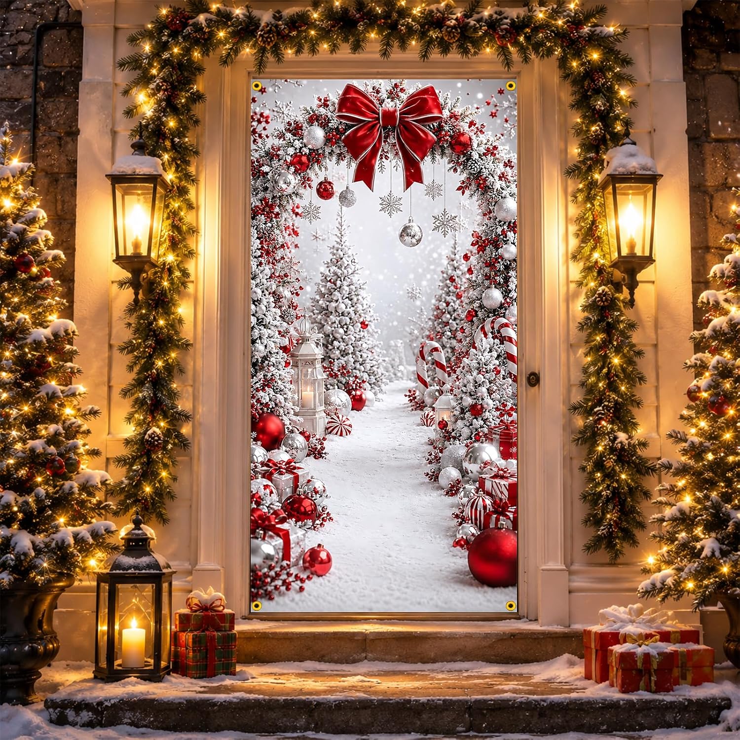 Christmas Door Covers Banner Bow Snowy Forest Party Decor for Front Door image 3