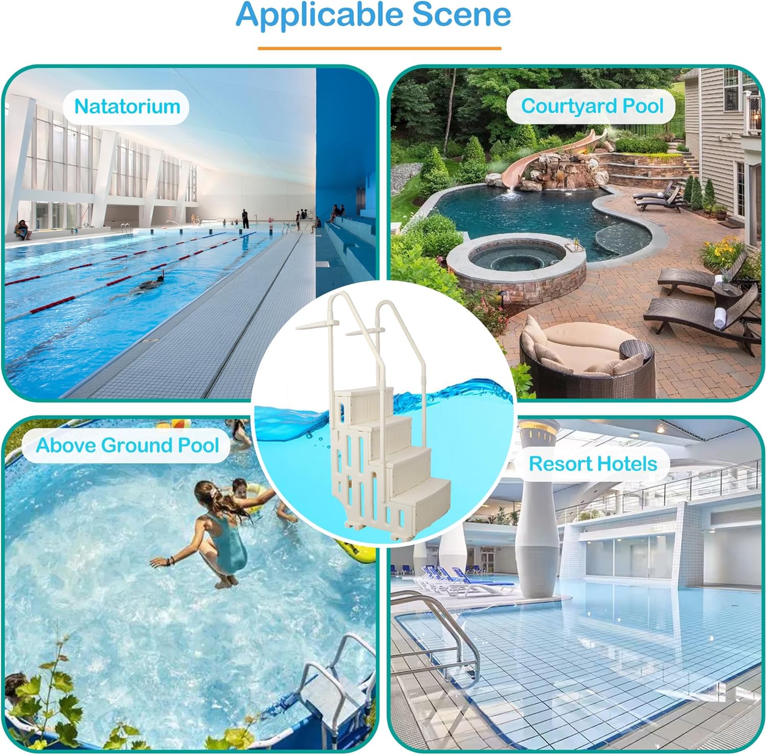 47'' Drop in Step Ladder for Above Ground Swimming Pool, Heavy-Duty 4 Safety Curve Base Pool Steps Ladders with Handrails Non-Slip Footstep for Inground Pools, Hold Over 400lbs