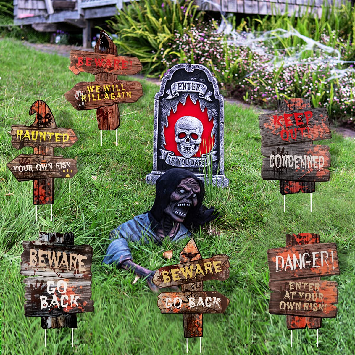 3 Cartelli Di Pericolo Halloween Per Esterno - Decorazioni Spaventose Per Prato E Giardino - Foto 10