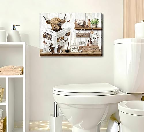 Miniatura 2 de Divertido arte de pared de baño de vaca de las tierras altas, rústico, color marrón, lindo animal, pintura, imagen, decoración de pared, ganado de