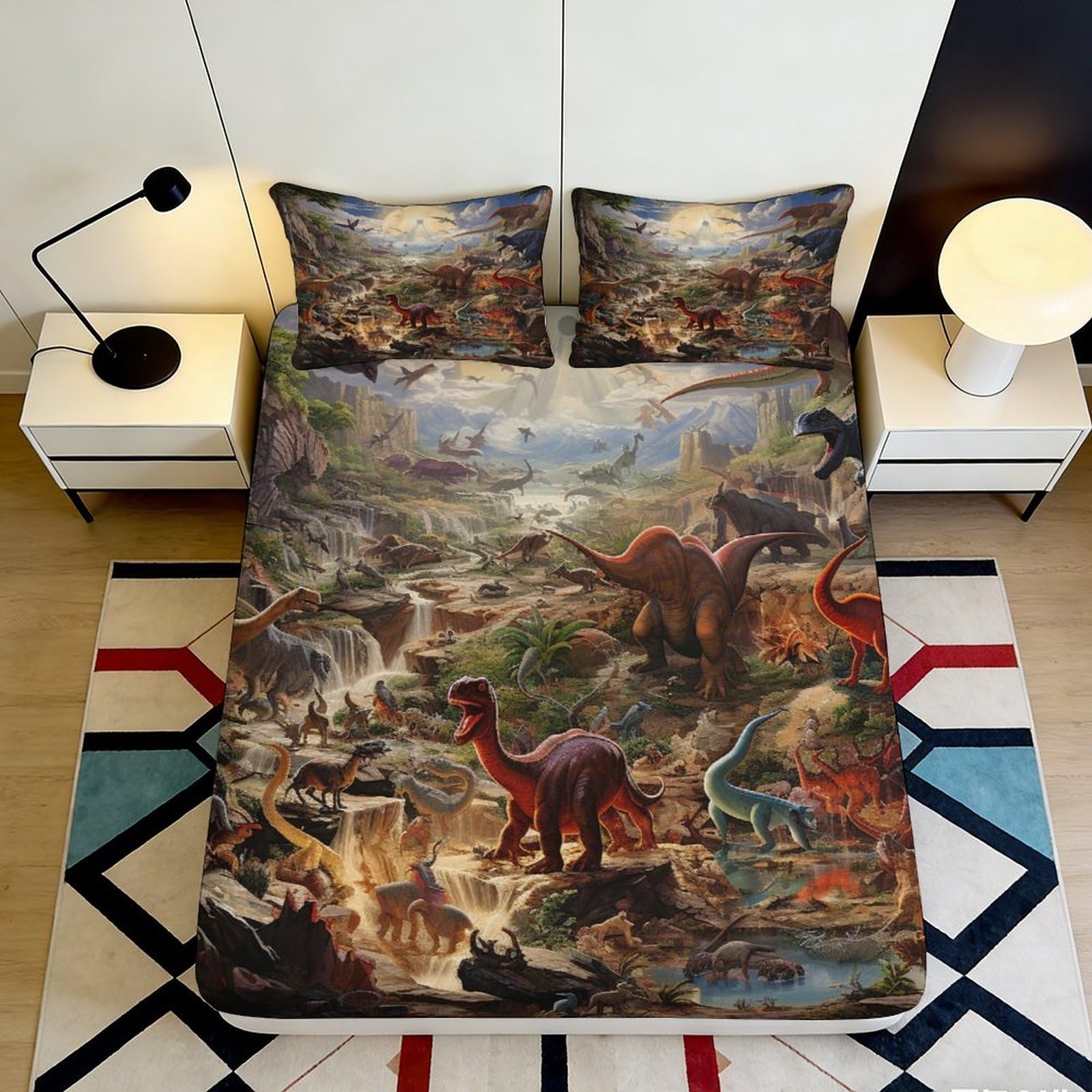3D Printed Dinosaur Jungle Fitted Sheet Microfiber Soft Breathable Volcano Landscape Mattress Cover for Bedroom Dorm Decor 90x200x25cm