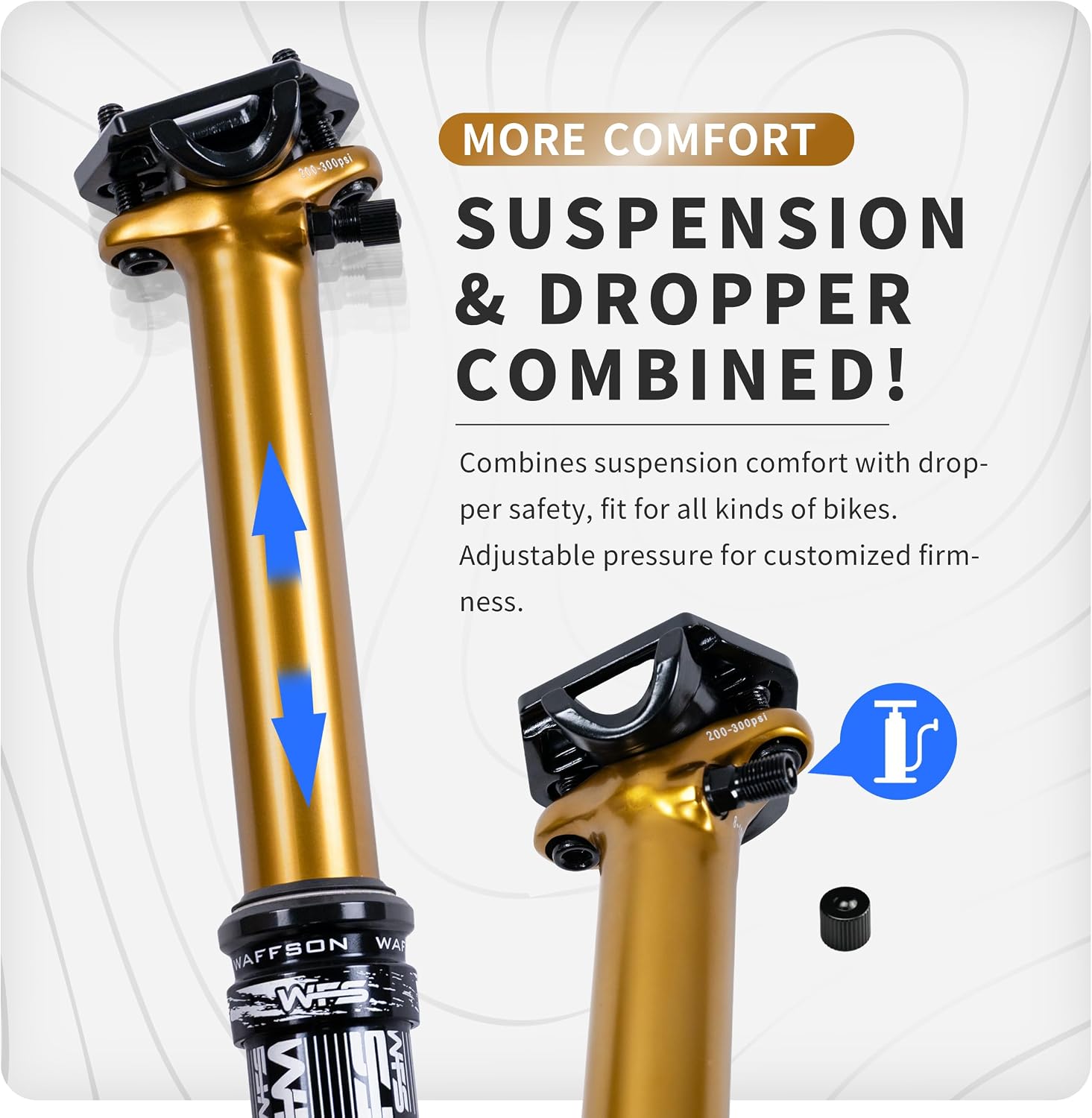 WFS Strata MTB Internal Dropper Post Kit with Air Adjustable Suspension- 30.9/31.6mm, Lightweight Aluminum Alloy Dropper Seatpost w/ Remote Lever for Mountain Bike, Road Bikes, Factory Gold