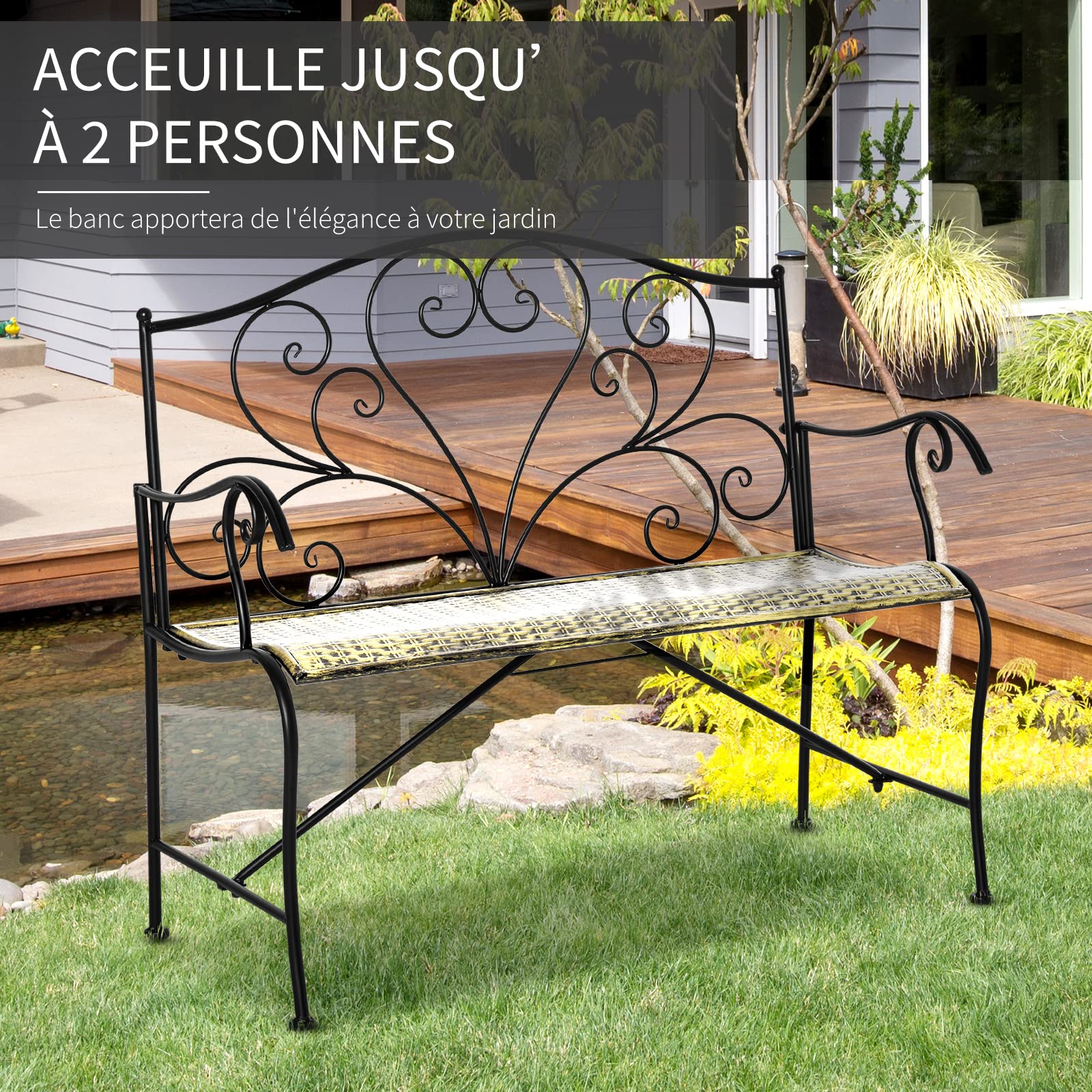 Outsunny Banco de jardín 2 plazas Hierro Forjado Metal Negro Oro | Estilo neorretro, líneas aerodinámicas, efecto envejecido
