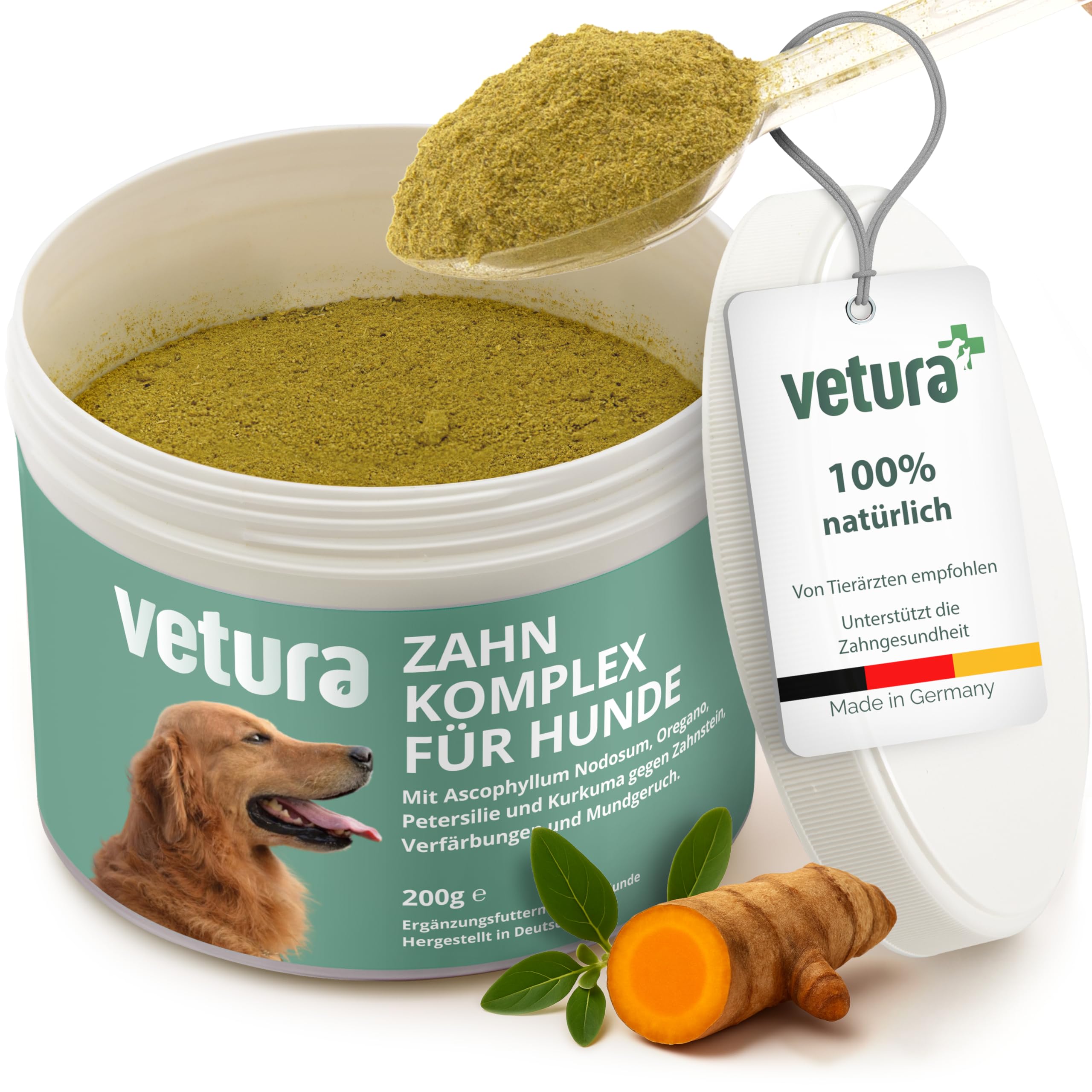 Vetura Zahn-Komplex für Hunde - 200 g - Natürliches Zahnpulver mit Seealge, Postbiotika & Kräutern - Zur Unterstützung der Zahnpflege und des Mikrobioms im Maul - Ohne Zusatzstoffe - Made in Germany