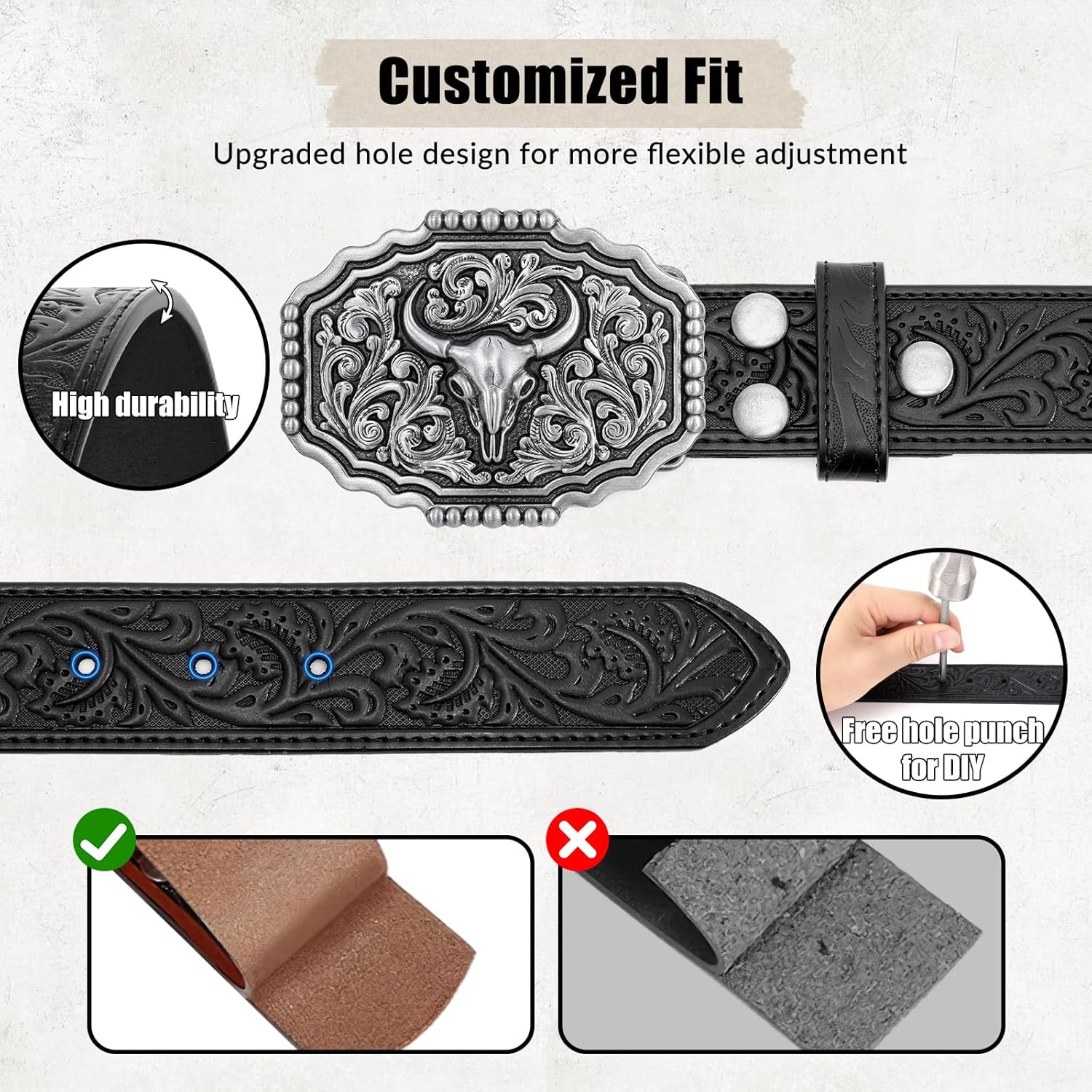 SANSTHS Western Belts for Men Women 2 Pack, Cowgirl Cowboy Belt Leather Straps with Buckle Set for Jeans, Black Brown 1.5" - Image 5