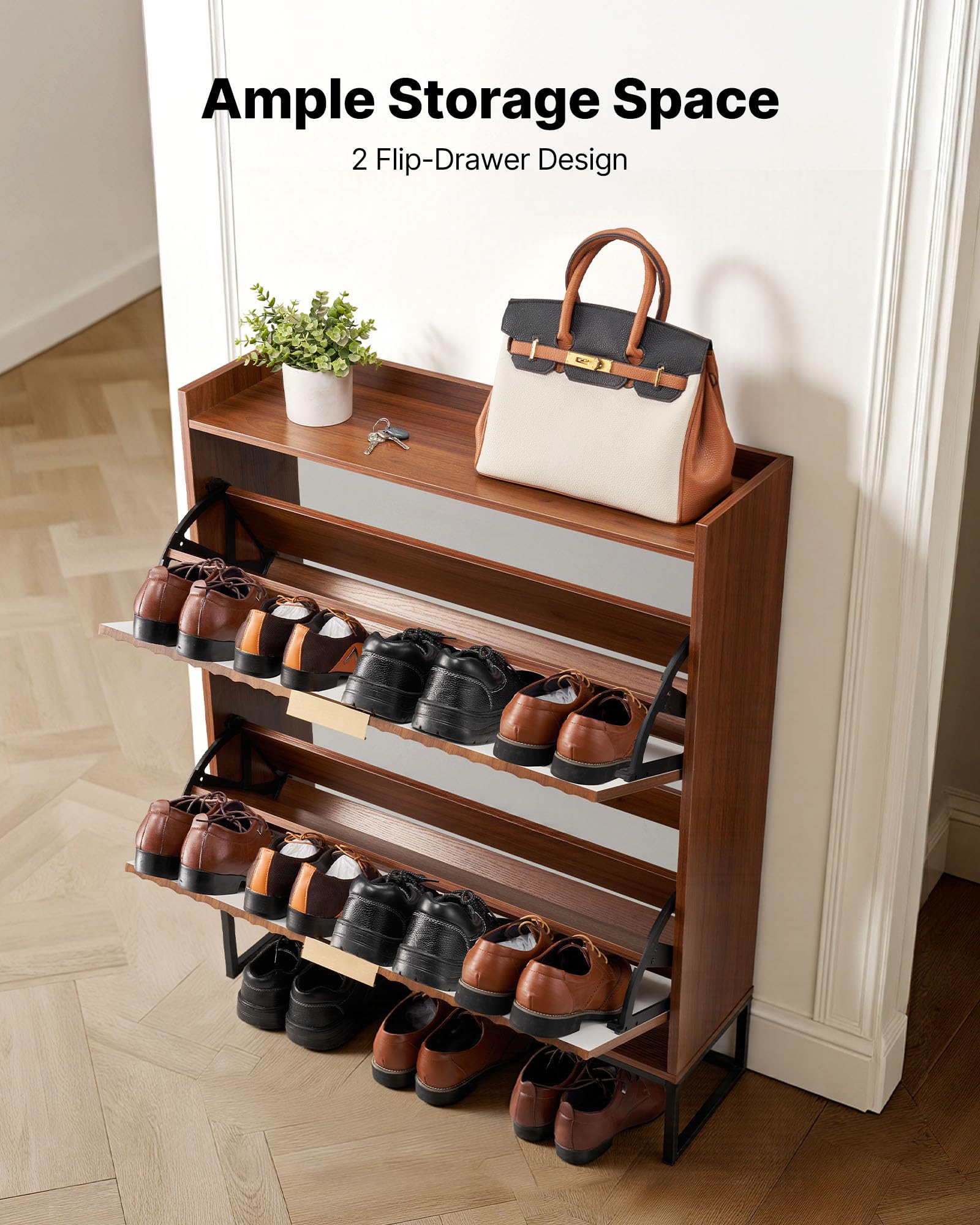 VEVOR Meuble à Chaussures avec 2 tiroirs rabattables, Armoire de Rangement cannelé à Chaussures de Style Milieu de siècle avec Dispositif Anti-basculement, pour entrée, Couloir, Chambre, Salon, Noyer