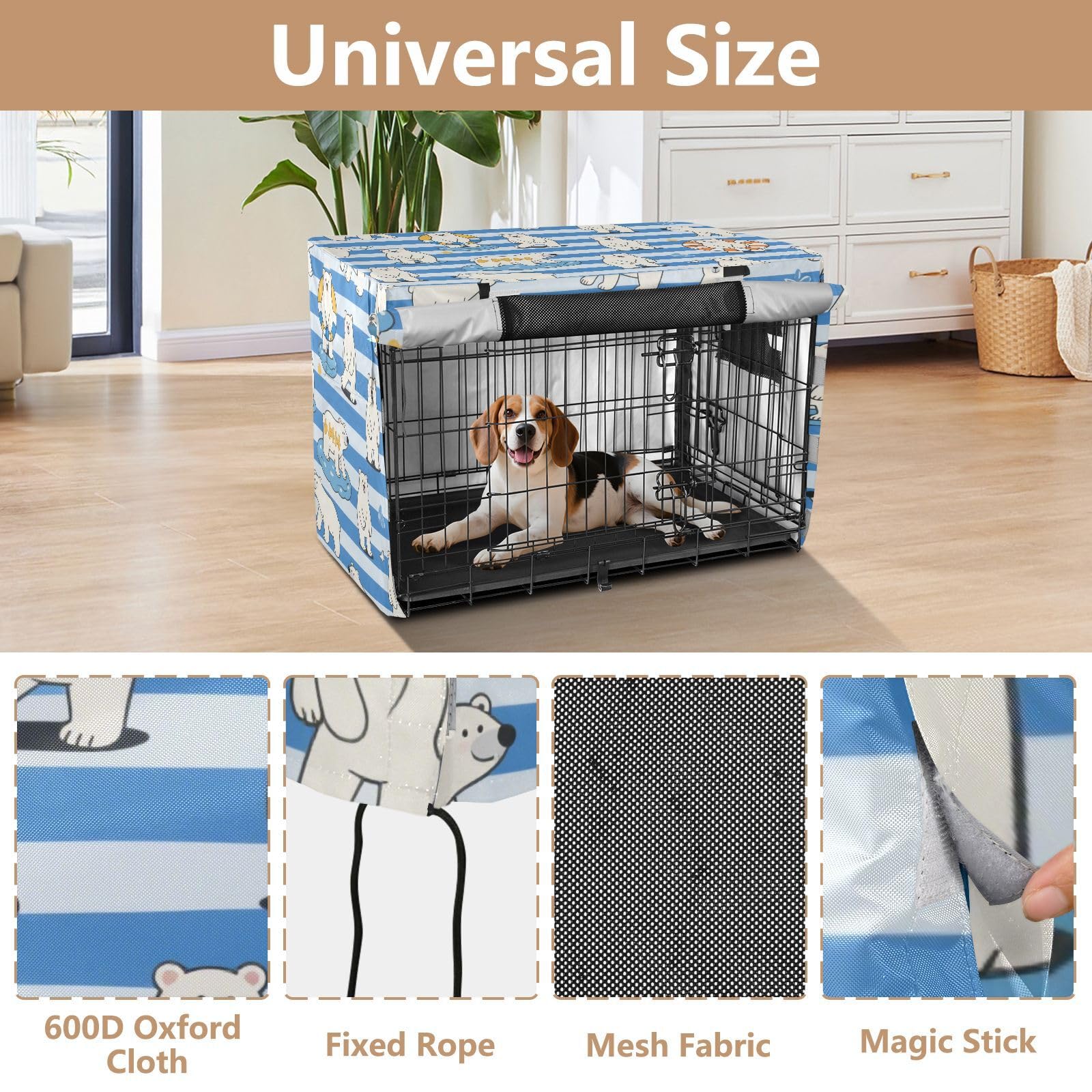 Copertura per gabbia per cani a righe blu e bianche