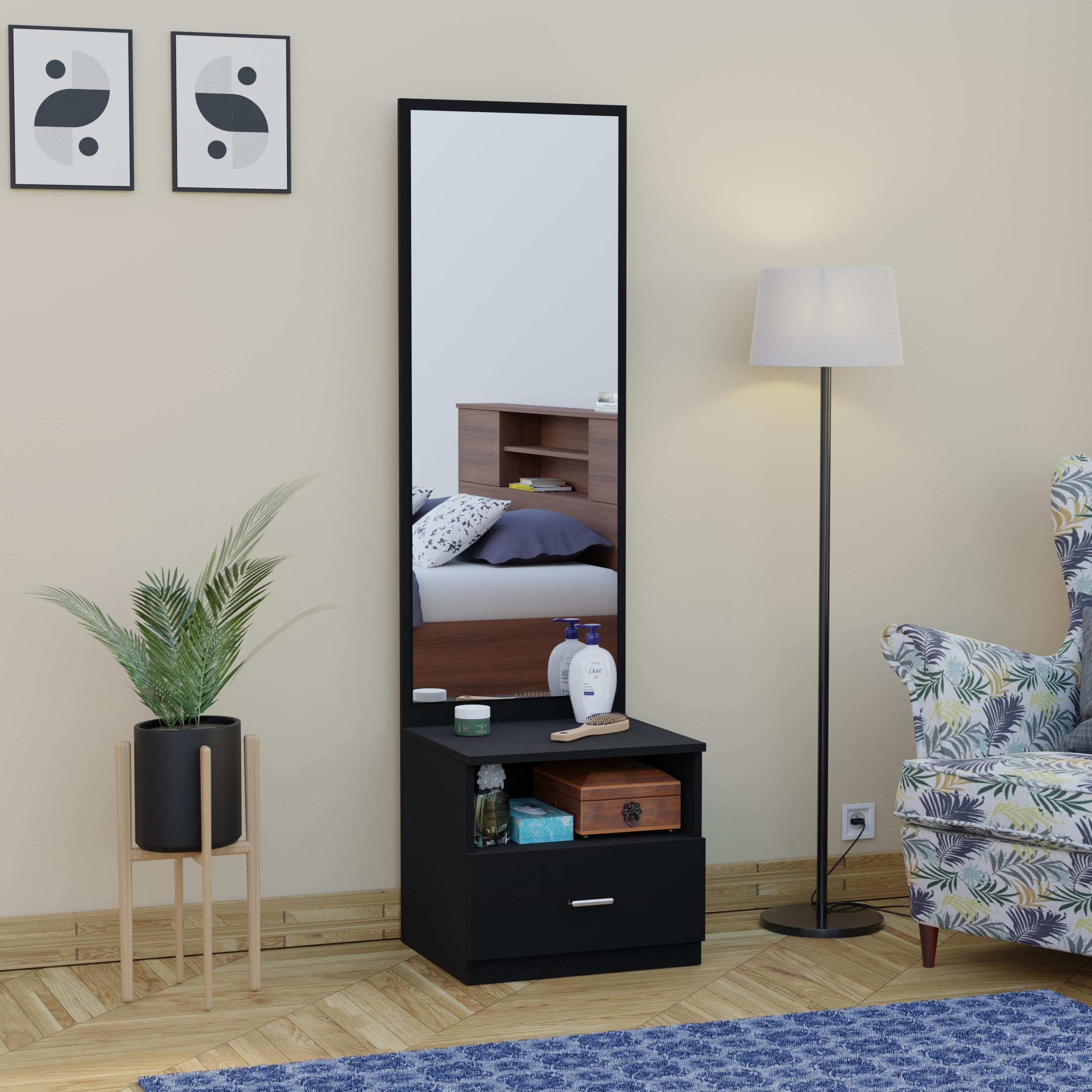 WoodExpress Engineered Wood Dressing Table with Mirror and Storage Wooden Make-Up Vanity Table for Bedroom Living Room Home (Wenge - Black Finish)