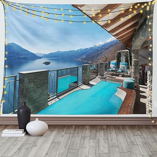 Ambesonne Summer Tapestry, Terrace with Pool and Lake View from the House Balcony Leisure Dream Vacation Destination, Wide Wall Hanging for Bedroom