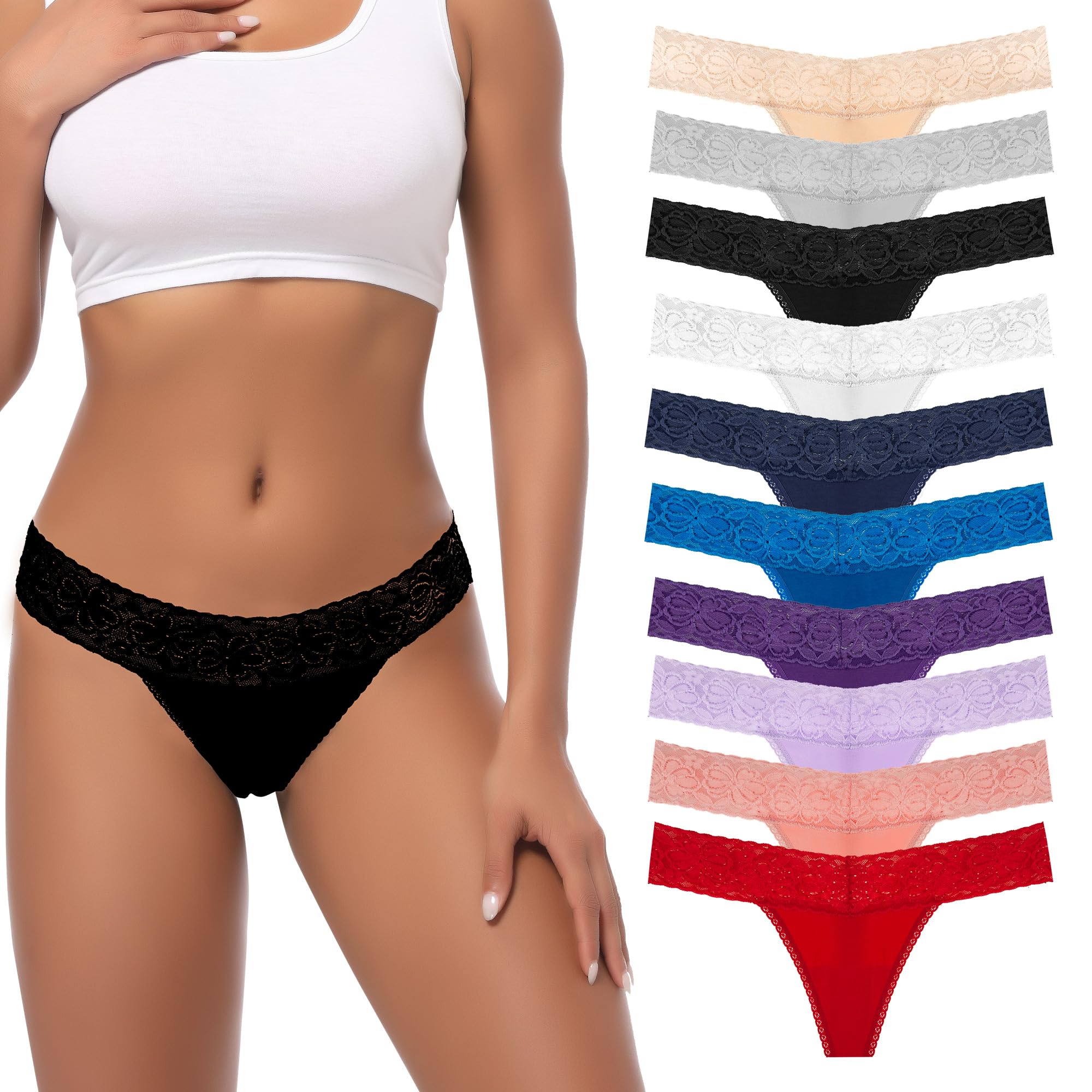 MINFOYUN Cotton Lace Thongs for Women Seamless Sexy Low Rise Underwear No Show T-Back Panties Comfort Tanga pack