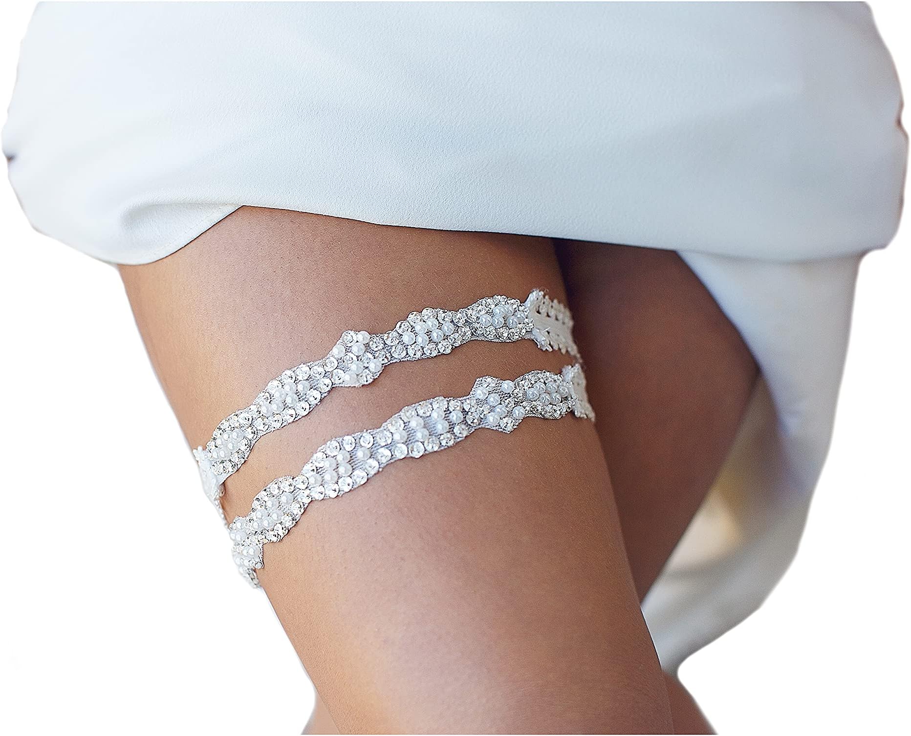 LR Bridal Ivory Wedding Rhinestone embellished Garter for brides, Set of 2. One for keeps and one for garter throw!