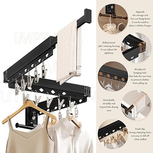 Vista 23 de Estante de secado de ropa montado en la pared, estante de secado de ropa plegable, estante de secado plegable retráctil para colgar ropa