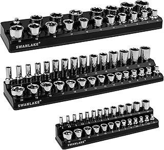 SWANLAKE Magnetic Socket Organizer Set, 6-Piece Socket Holder Set Includes 1/4", 3/8", 1/2" Metric SAE Socket Trays (3PCS METRIC)