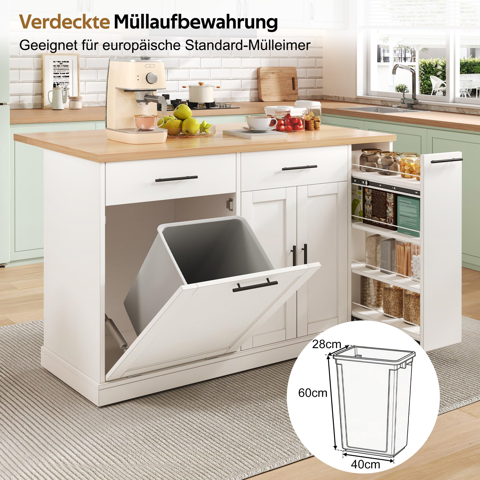 Merax Kücheninsel Freistehend mit Mülleimer, Küchenwagen mit Rollen, Küchenschrank mit Klappbarer Arbeitsplatte, 4 Gewürzregal, 2 Schubladen, Mülleimer Schrank für Küche, 120x70x93,5cm, Weiß