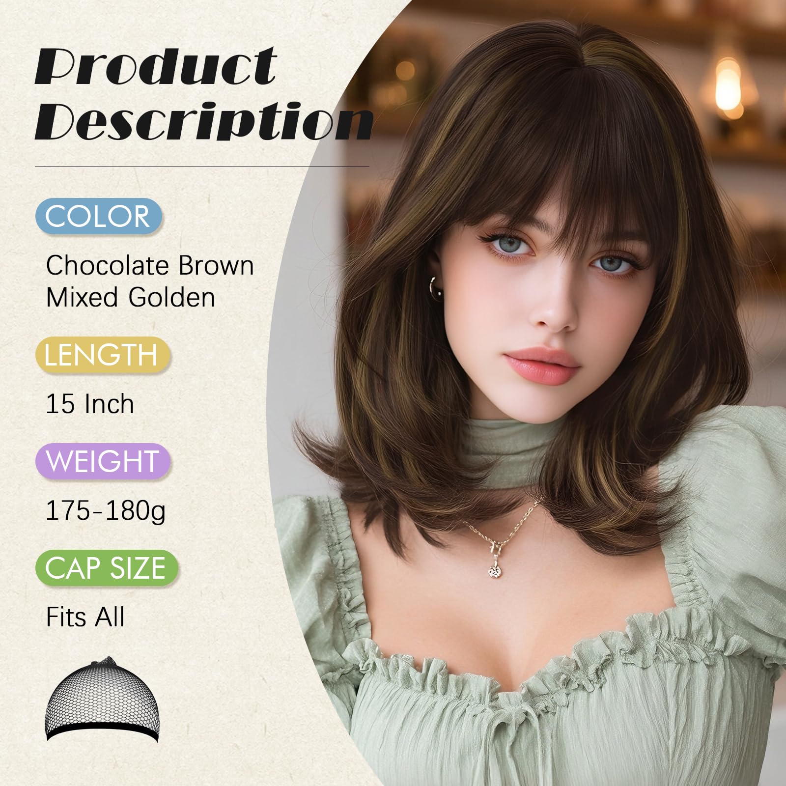 Sofeiyan Peluca de Cabello Corta Natural,38 cm Marrón Chocolate con Reflejos Marrón Dorado Peluca Bob con Flequillo,Pelucas Sintéticas para Mujer con Puntas Rizadas de Forma Natural Uso Diario