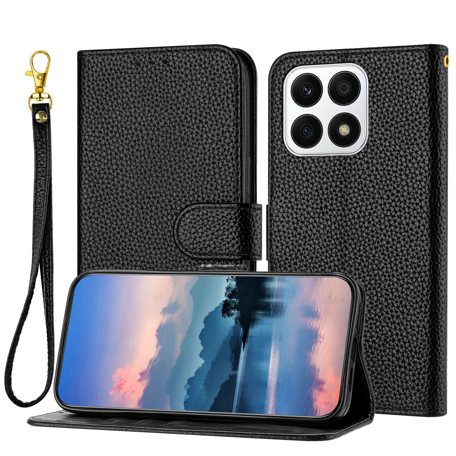 IVY [Solid color][Kickstand Flip][Hand Strap][PU Leather] - Wallet Case for Huawei Honor X8a phone case - Black