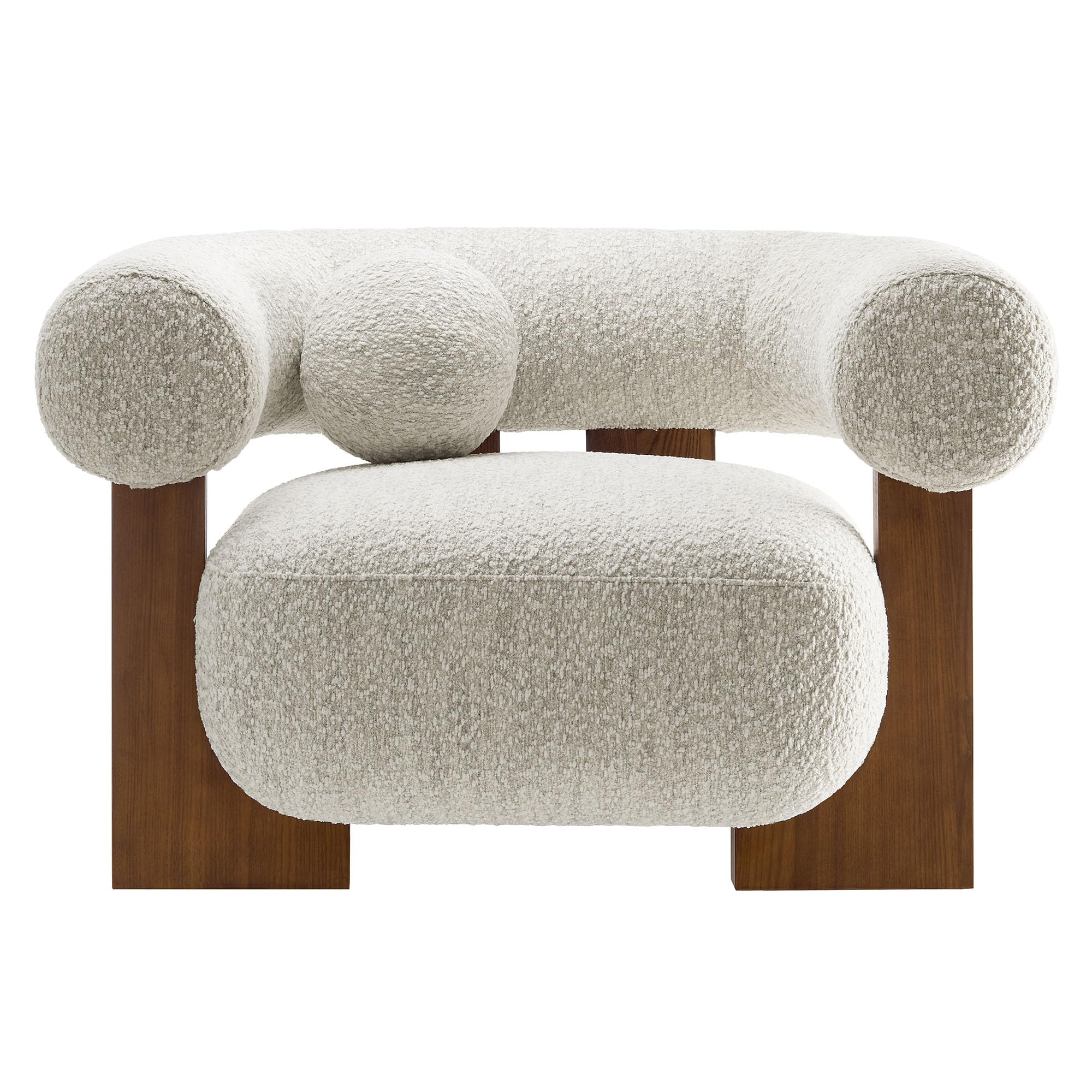 Modway Jace Boucle Fabric Accent Chair in Pearl - Upholstered Barrel Chair with Pillow - Comfy Lounge Armchair with Curved Back and Wood Legs - Soft Teddy Club Chair for Living Room or Bedroom