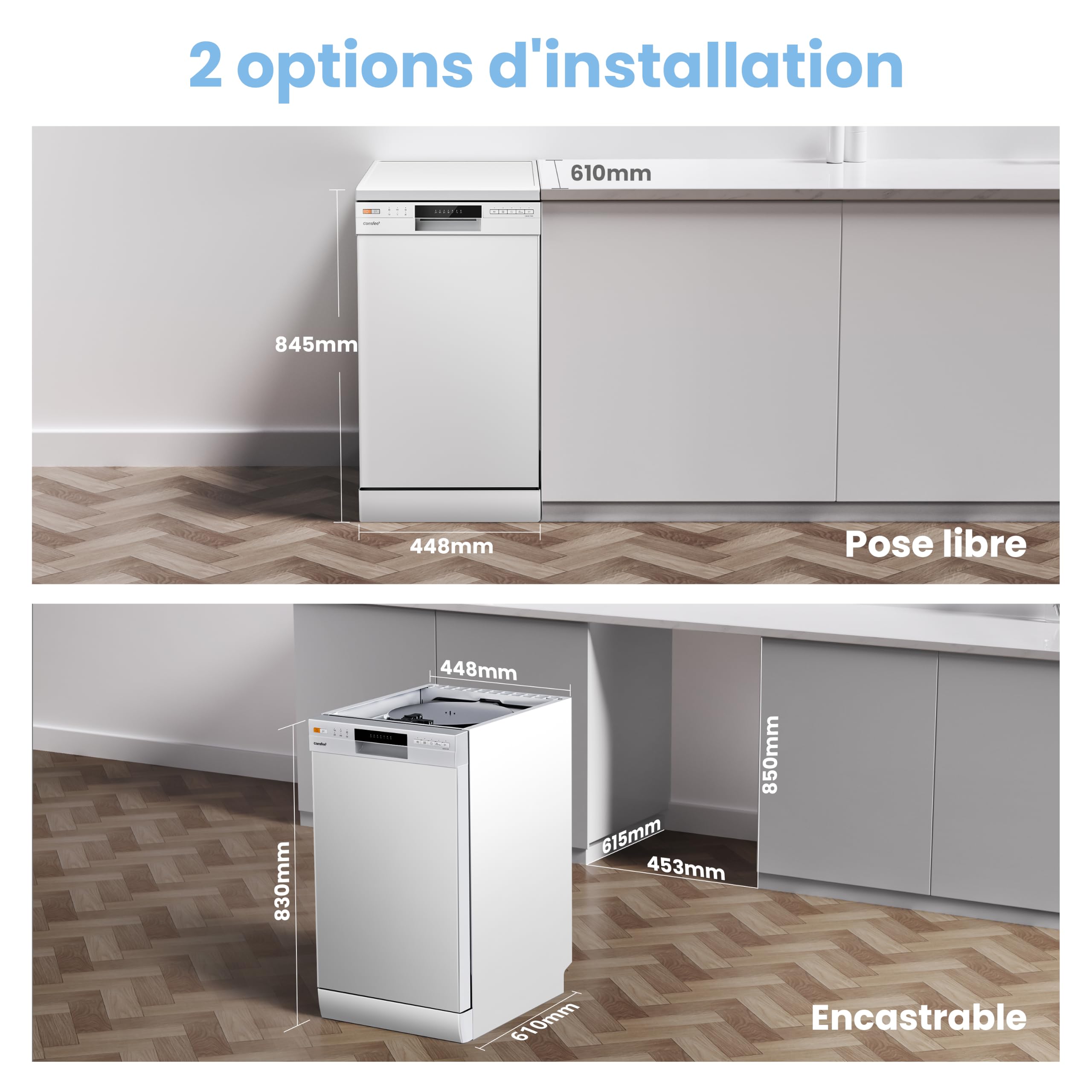 COMFEE' CDWEF1034BW Freestanding Dishwasher with 10 Place Settings, Delayed Start, Half-Load Function, Flexible Baskets - White | Hygienic Wash 72°C, Delayed Start, Half Load, Flexible Baskets, Quick Wash in 30 minutes, 47 dB, White