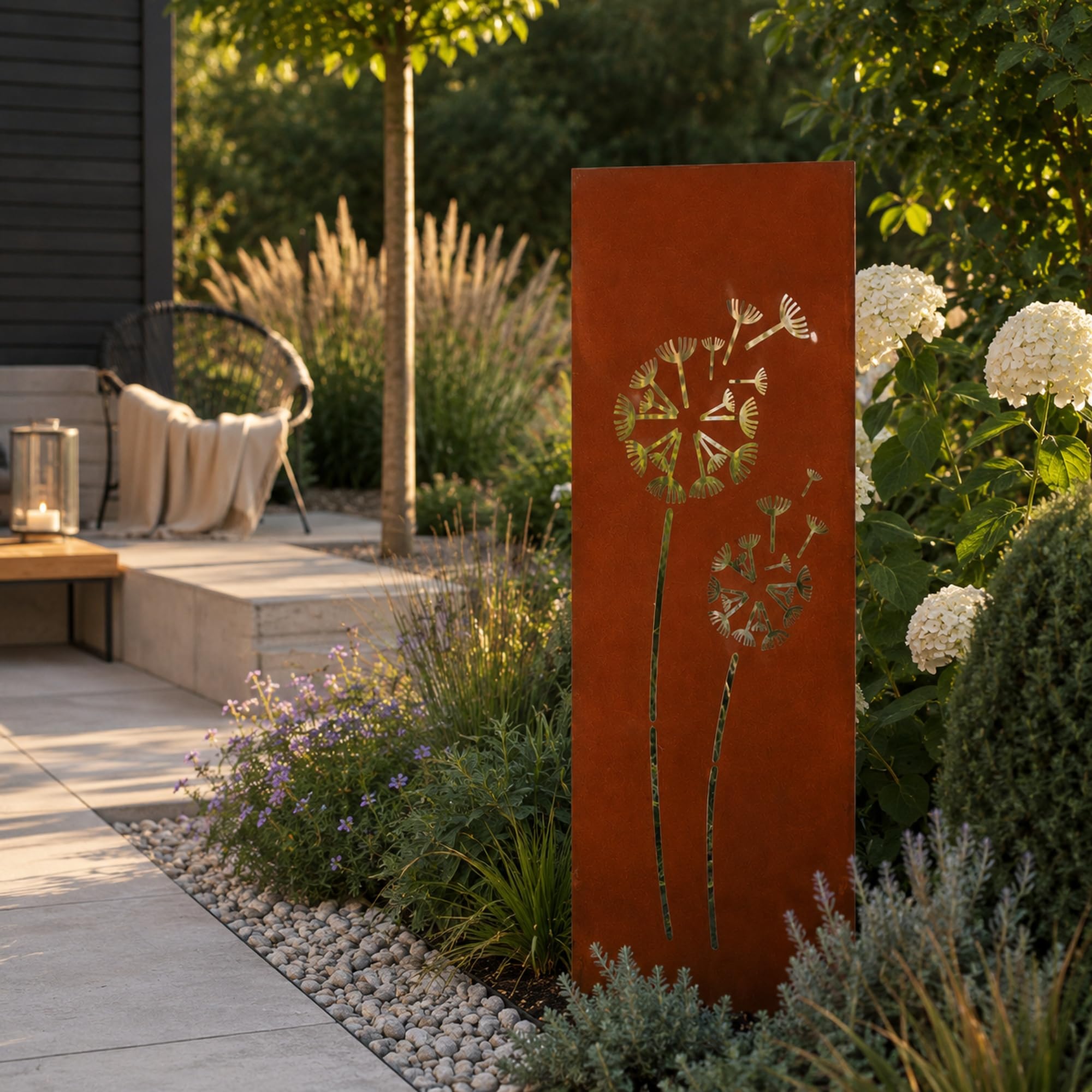 UNUS Piquets de jardin pissenlits, panneau de jardin en métal aspect rouille, résistant aux intempéries, décoratif pour jardin, parterre et balcon