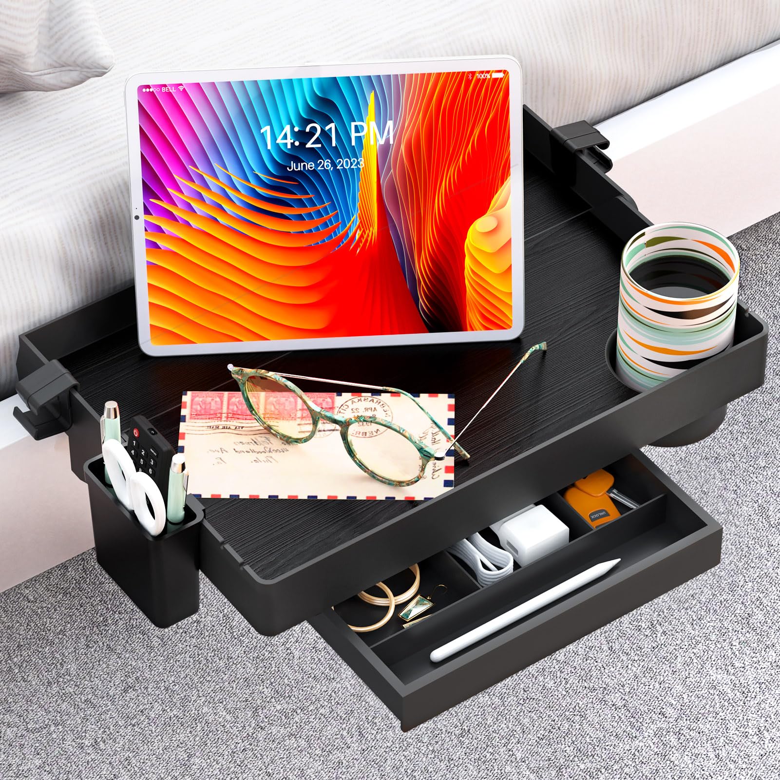 SOLEJAZZ Bedside Shelf for Bed, Foldable Bunk Bed Shelf Clip On Nightstand with Drawer, Cup & Cord Holder Tray College Dorm Room Essential Table Caddy for Top Bunk Organizer, Black