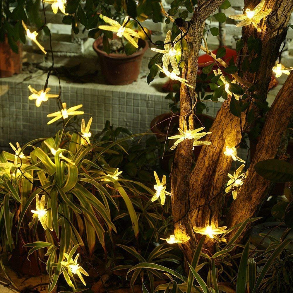 Guirnalda de luces de hadas con forma de libélulas, 10 m, 100 LED, con enchufe, ideal para interiores y exteriores, dormitorios, jardines, escritorios (Blanco cálido)