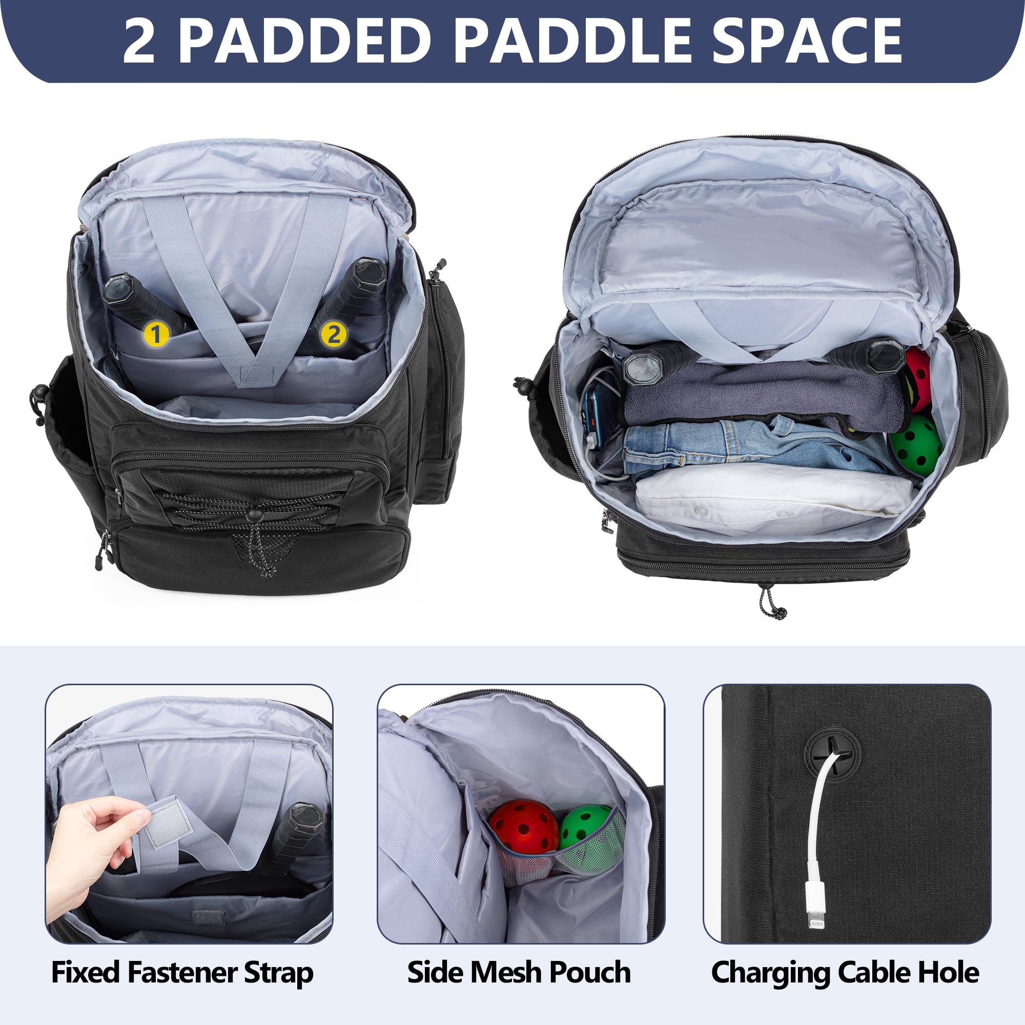 ZOEA Pickleball tas, sport Pickleball Sling Bag voor dames en heren, verstelbare Pickleball rugzak met waterfleshouder, past op 4 peddels en al je