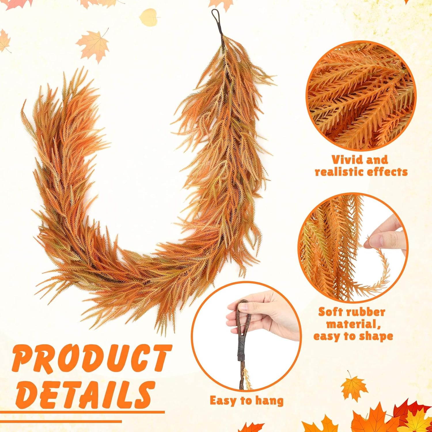 Thiccywoov 6 ft Fall Norfolk Pine Garland Autumn Artificial Leaves Needle Garland Neutral Fall Hanging Faux Pine Wreath for Fireplace Table Backdrop Wall Thanksgiving Christmas Outdoor Indoor Decor