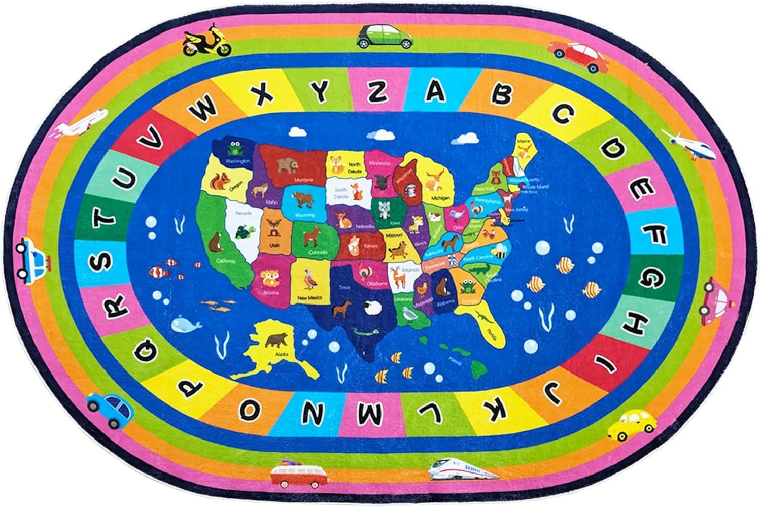 Kids Rug 6.6x10Ft US Map ABC Carpet for Boys Girls Classroom Bedroom Playroom, Nonslip Rainbow Road Car Floor Rug, USA Map & Animal Print, Alphabet Educational Preschool Decor, Washable
