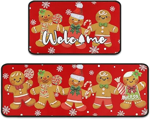 Miniatura 10 de Juego de 2 tapetes de cocina de Navidad, decoraciones navideñas para el hogar, árbol de Navidad, ramas de pino acebo, piñas, tapete de invierno,