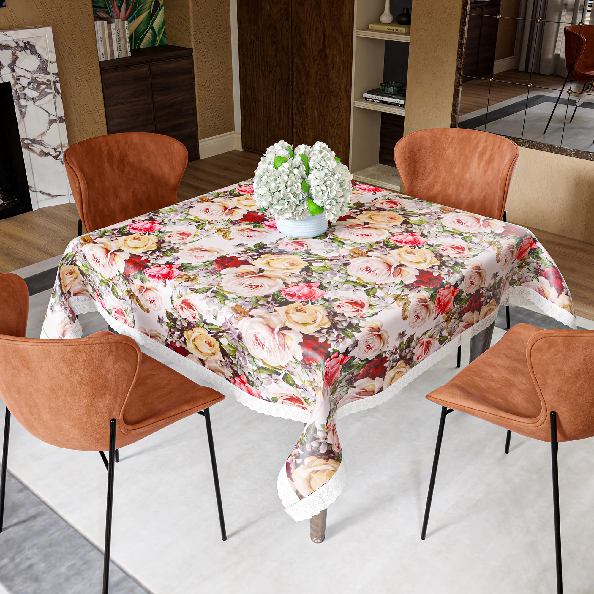 Kuber Industries 54X54 Inch PVC 4 Seater Table Cover Cloth | Multipurpose Dining Table Cover/Cloth for Party and Events | Rose Print - White