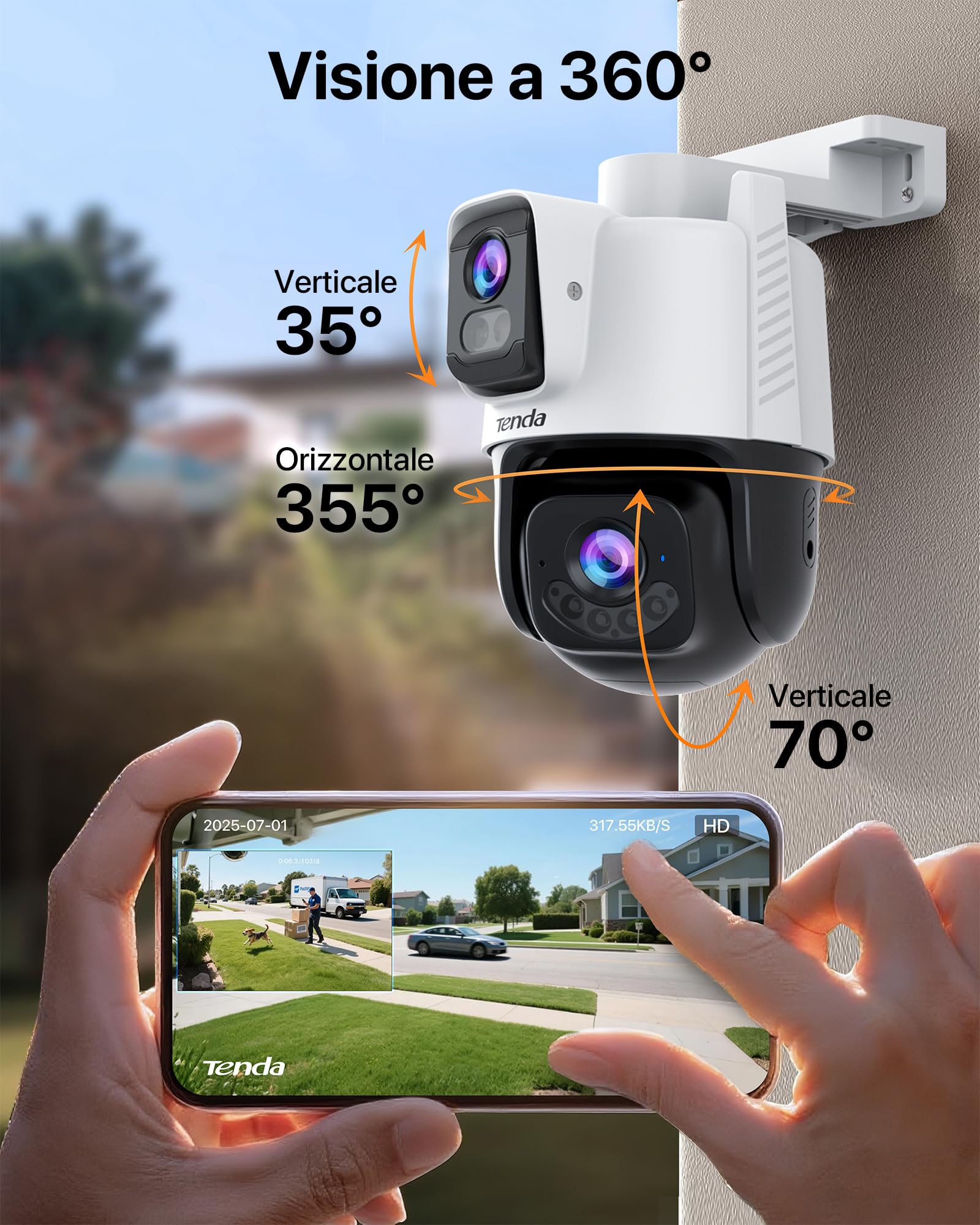 Tenda CH9 Telecamera Wi-Fi Esterno Doppia Lente 2K+2K, Wi-Fi 6 PTZ 360°, Pattugliamento Automatico, Visione Notturna a Colori, Allarme Sonoro/Luminoso, Rilevamento Umano/Veicoli, IP65