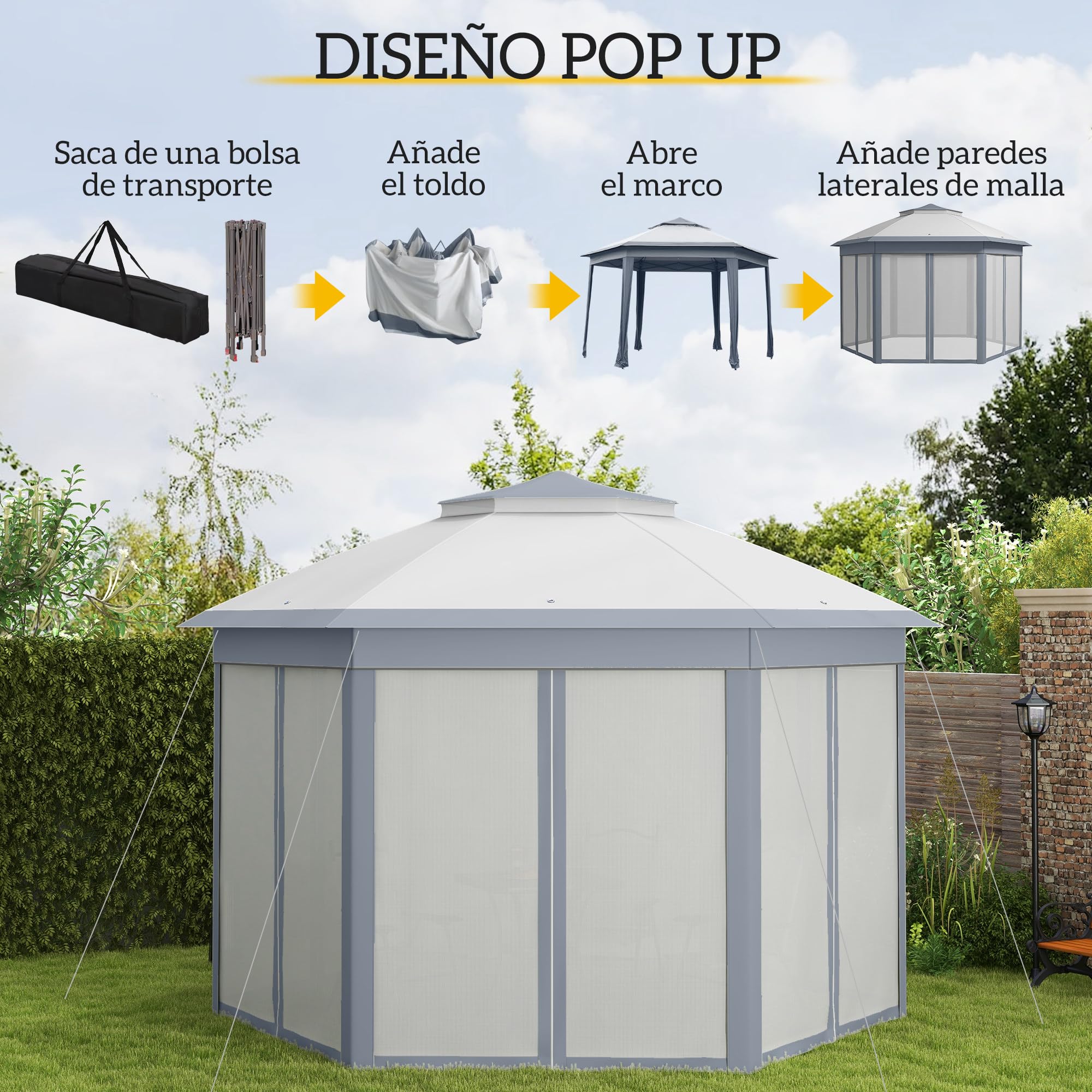 Outsunny Carpa Plegable 4x3,4 m, Cenador de Jardín Hexagonal con Doble Techo, 6 Mosquiteras Extraíbles y Bolsa de Transporte, Impermeable, Anti-UV para Exterior, Fiestas, Gris